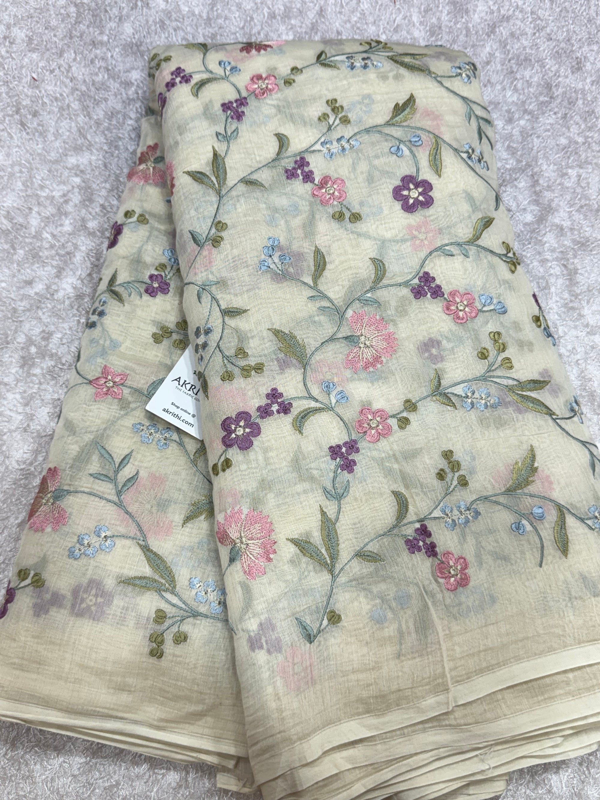 Embroidered pure mul Chanderi fabric