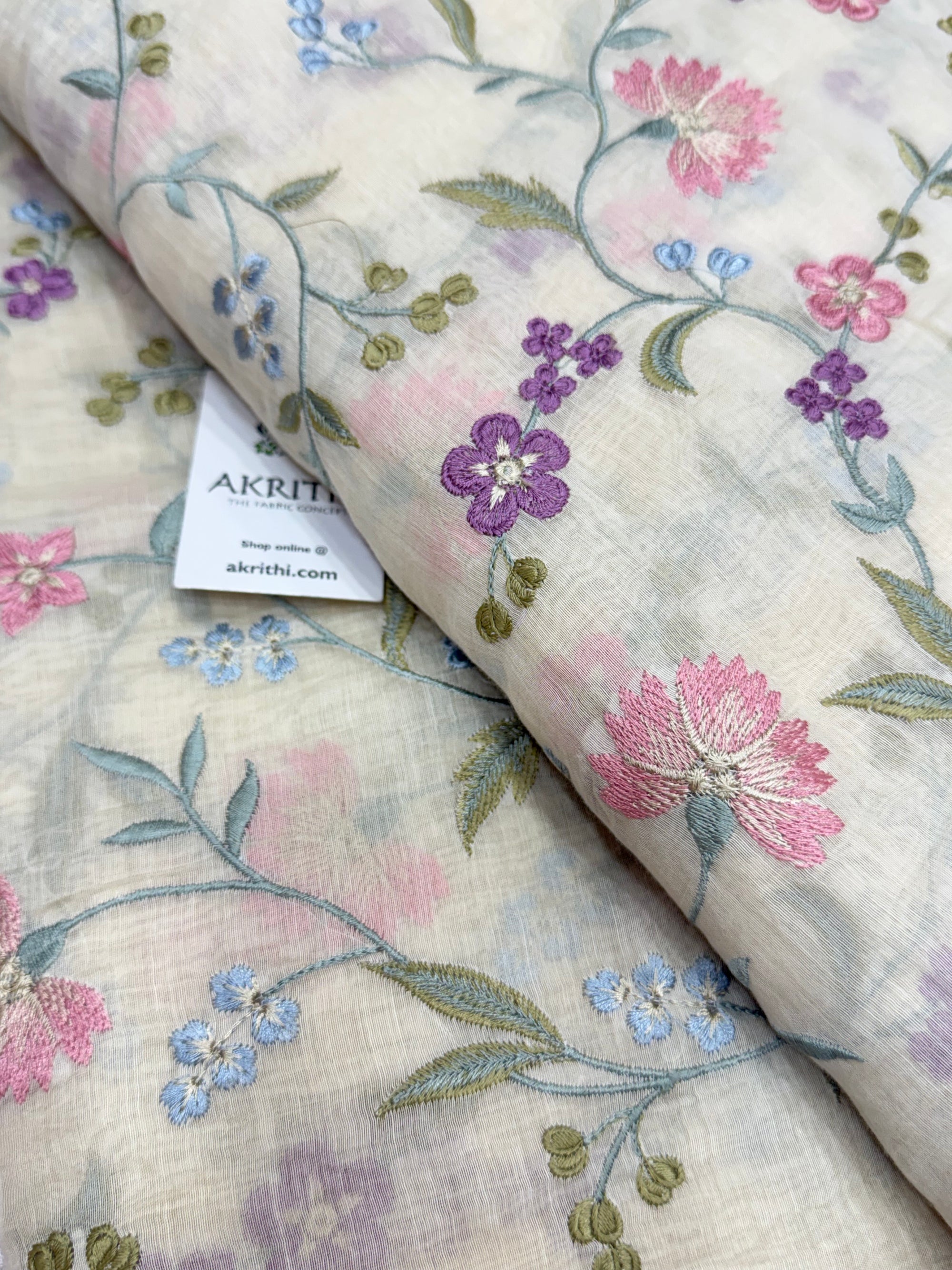 Embroidered pure mul Chanderi fabric
