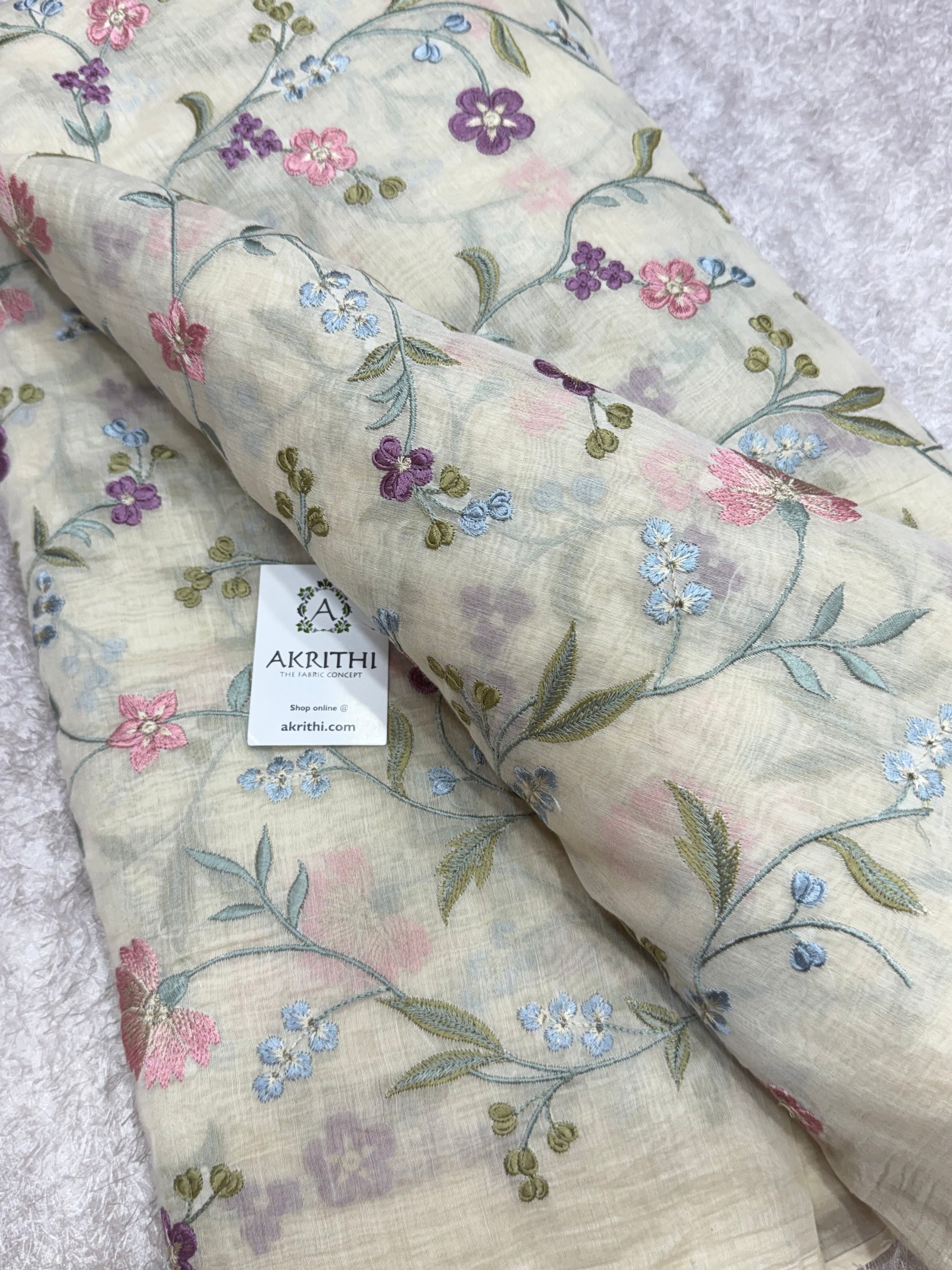 Embroidered pure mul Chanderi fabric