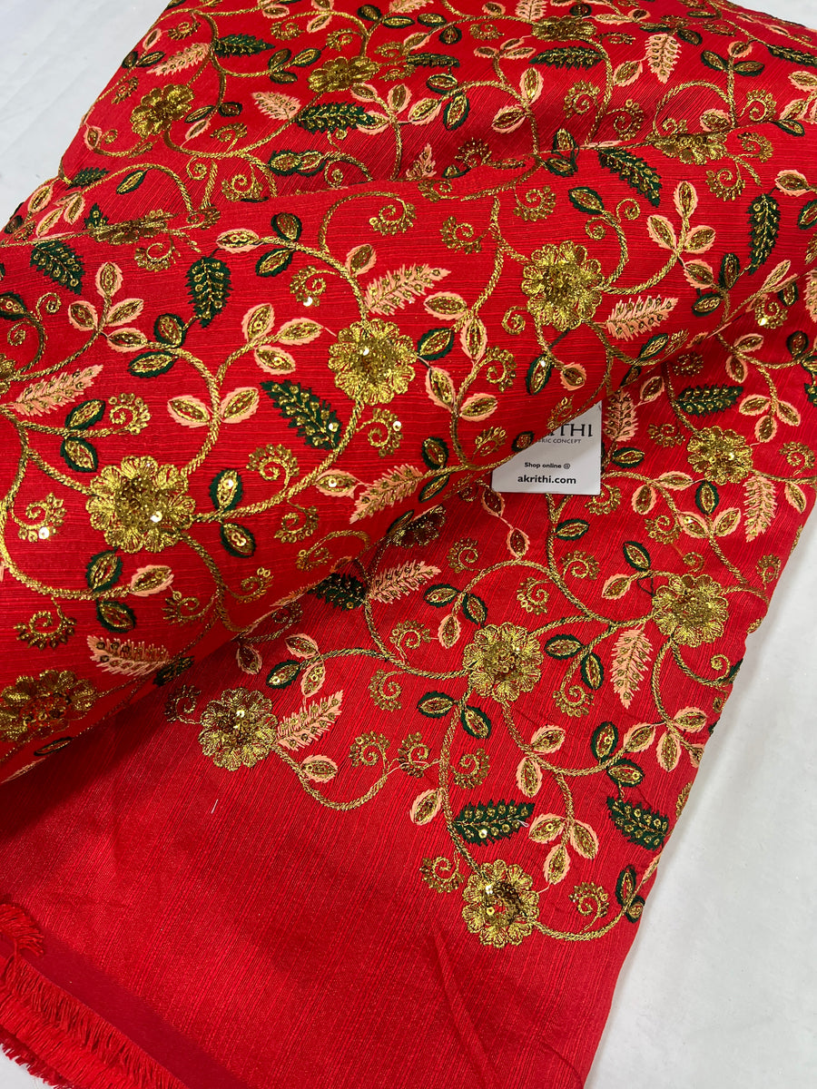 Embroidered raw silk fabric