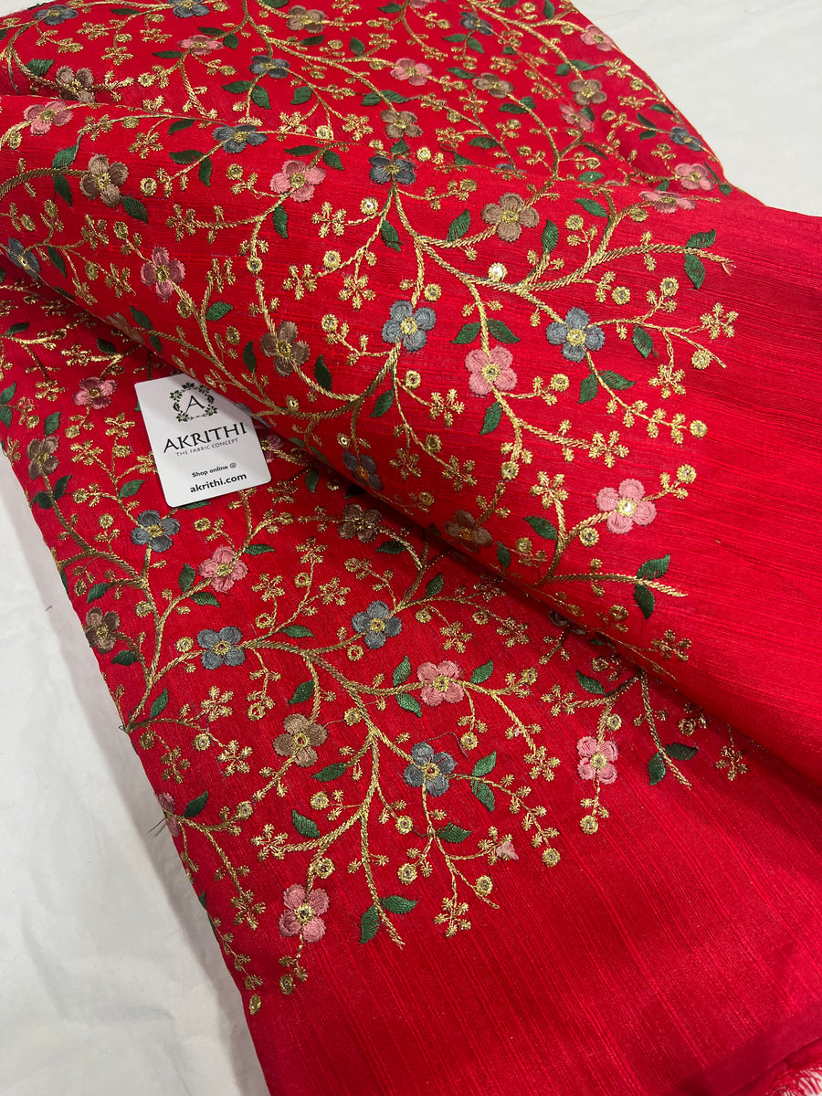 Embroidered raw silk fabric