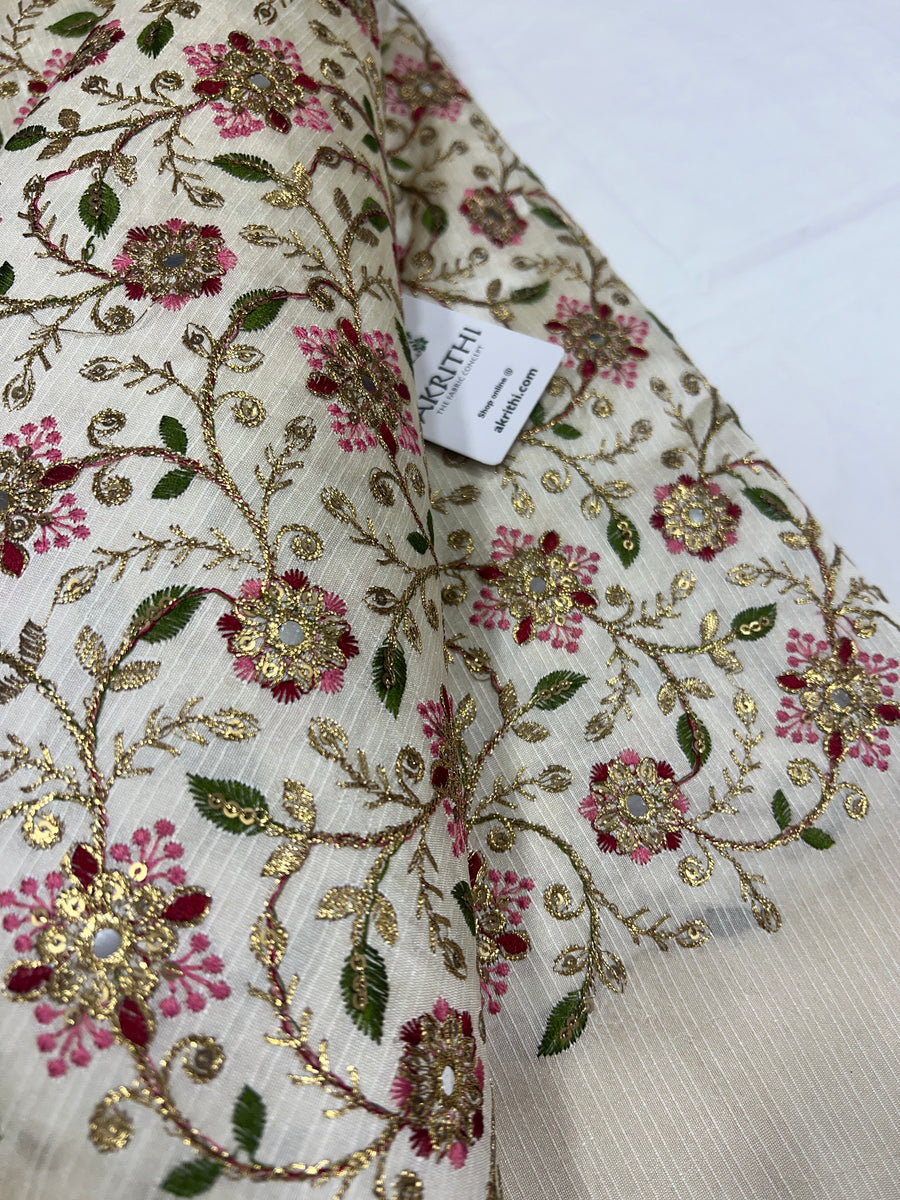 Embroidered raw silk fabric