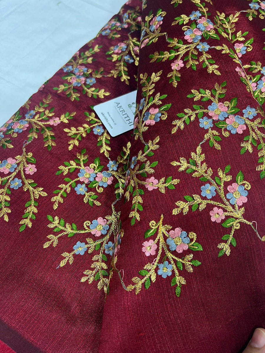 Embroidered raw silk fabric