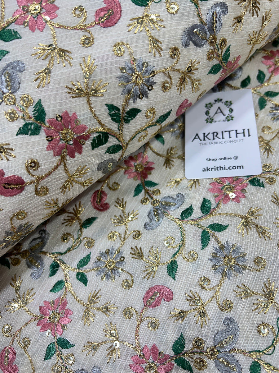 Embroidered raw silk fabric