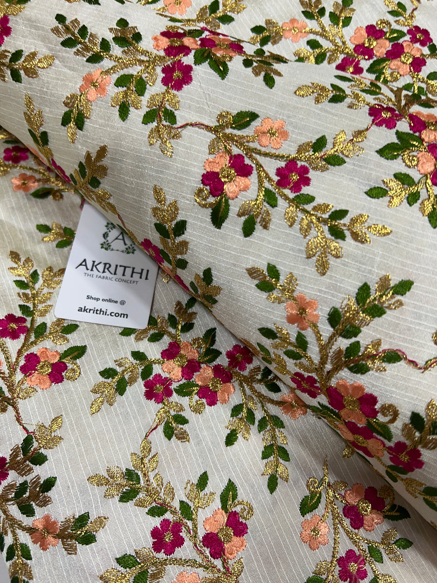 Embroidered raw silk fabric