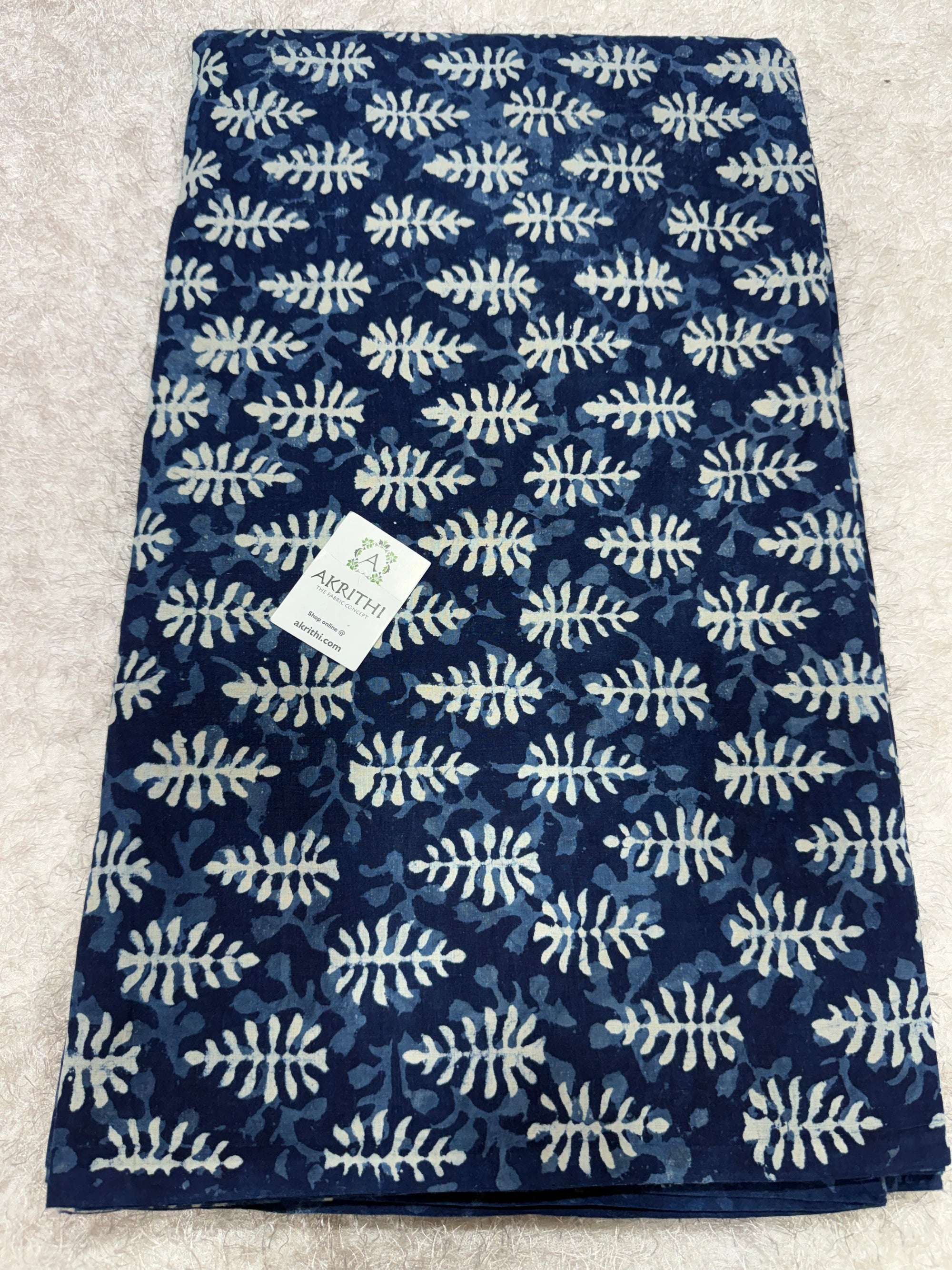 Indigo hand block printed pure cotton fabric