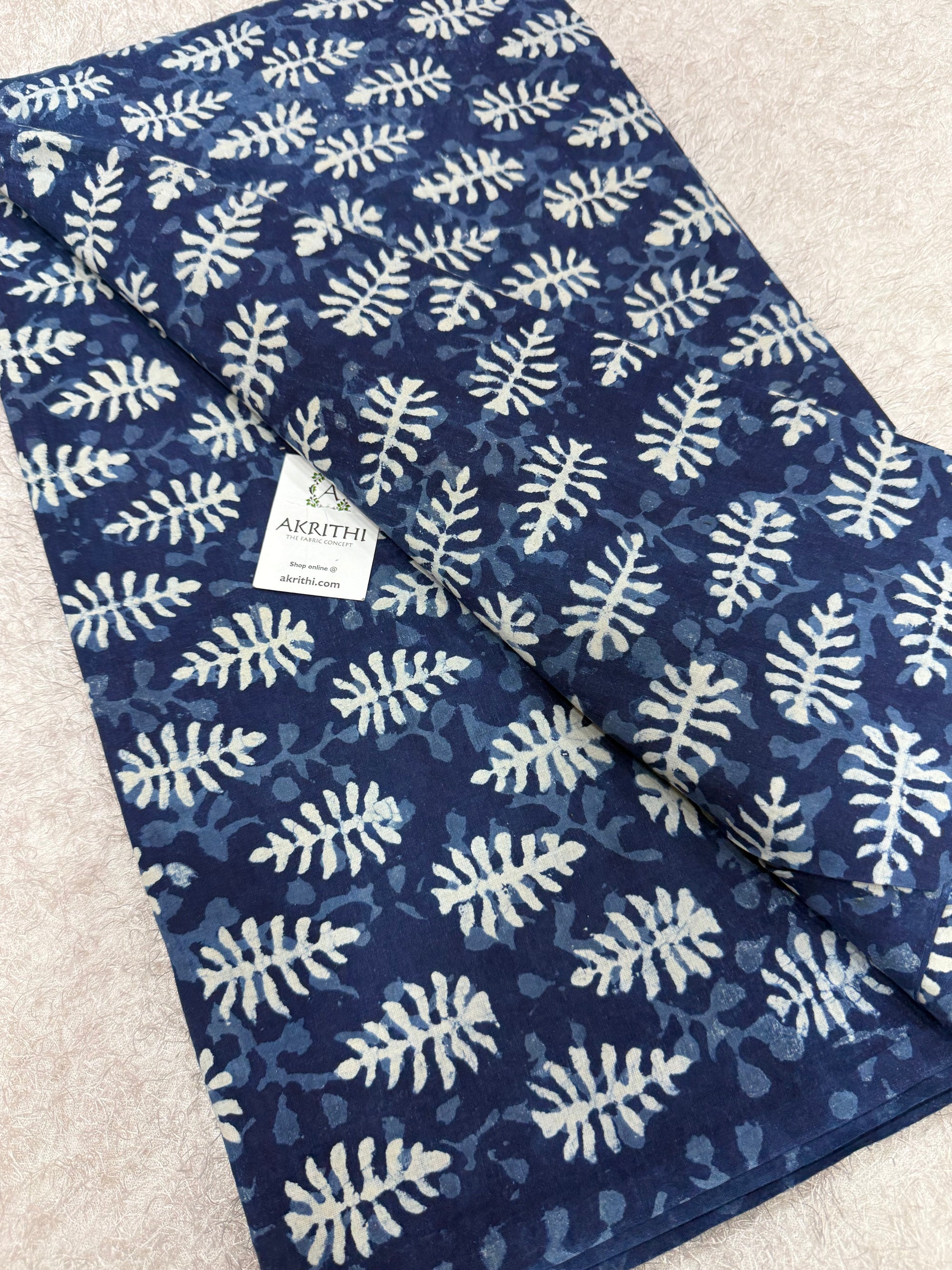 Indigo hand block printed pure cotton fabric