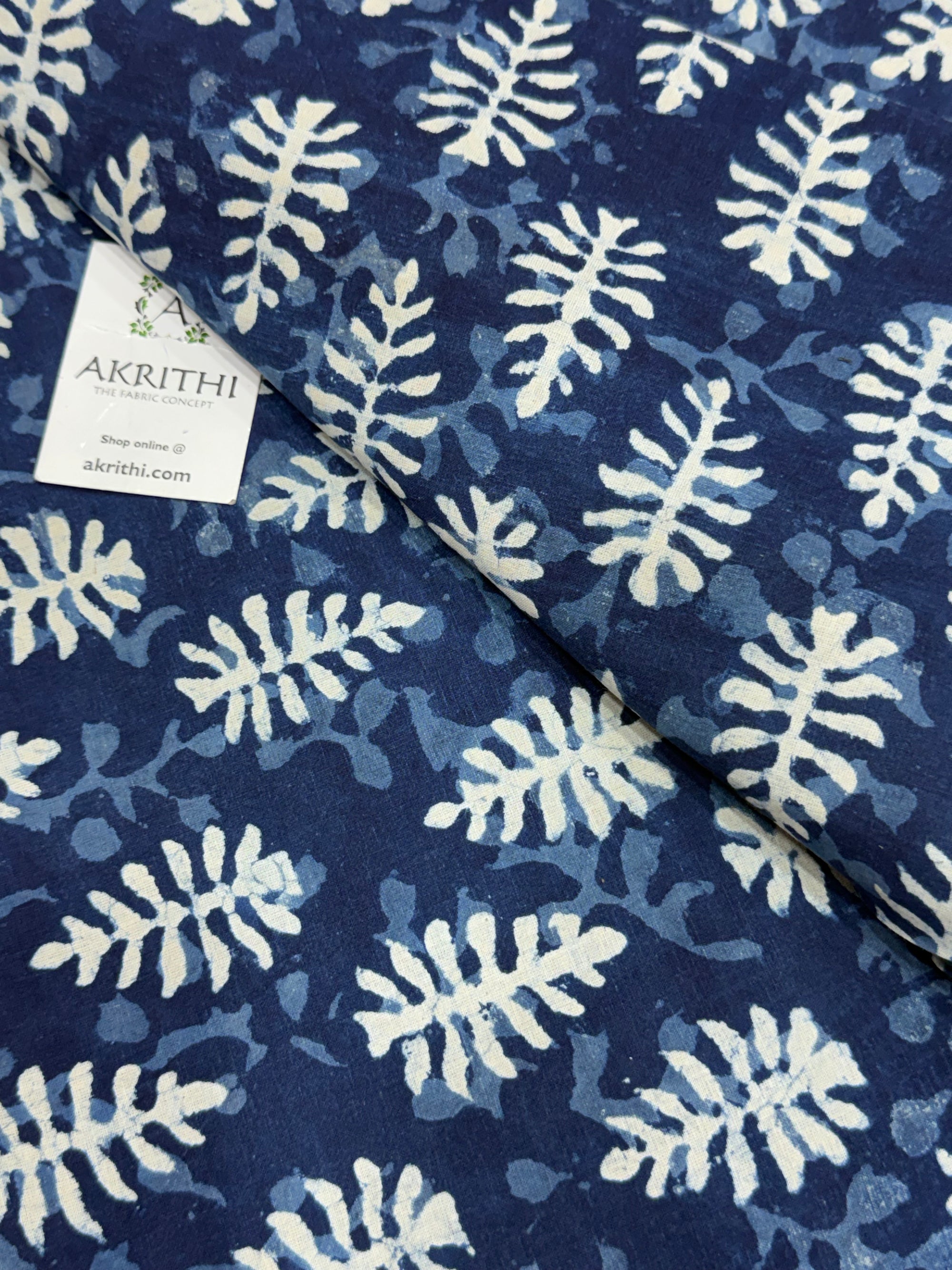 Indigo hand block printed pure cotton fabric