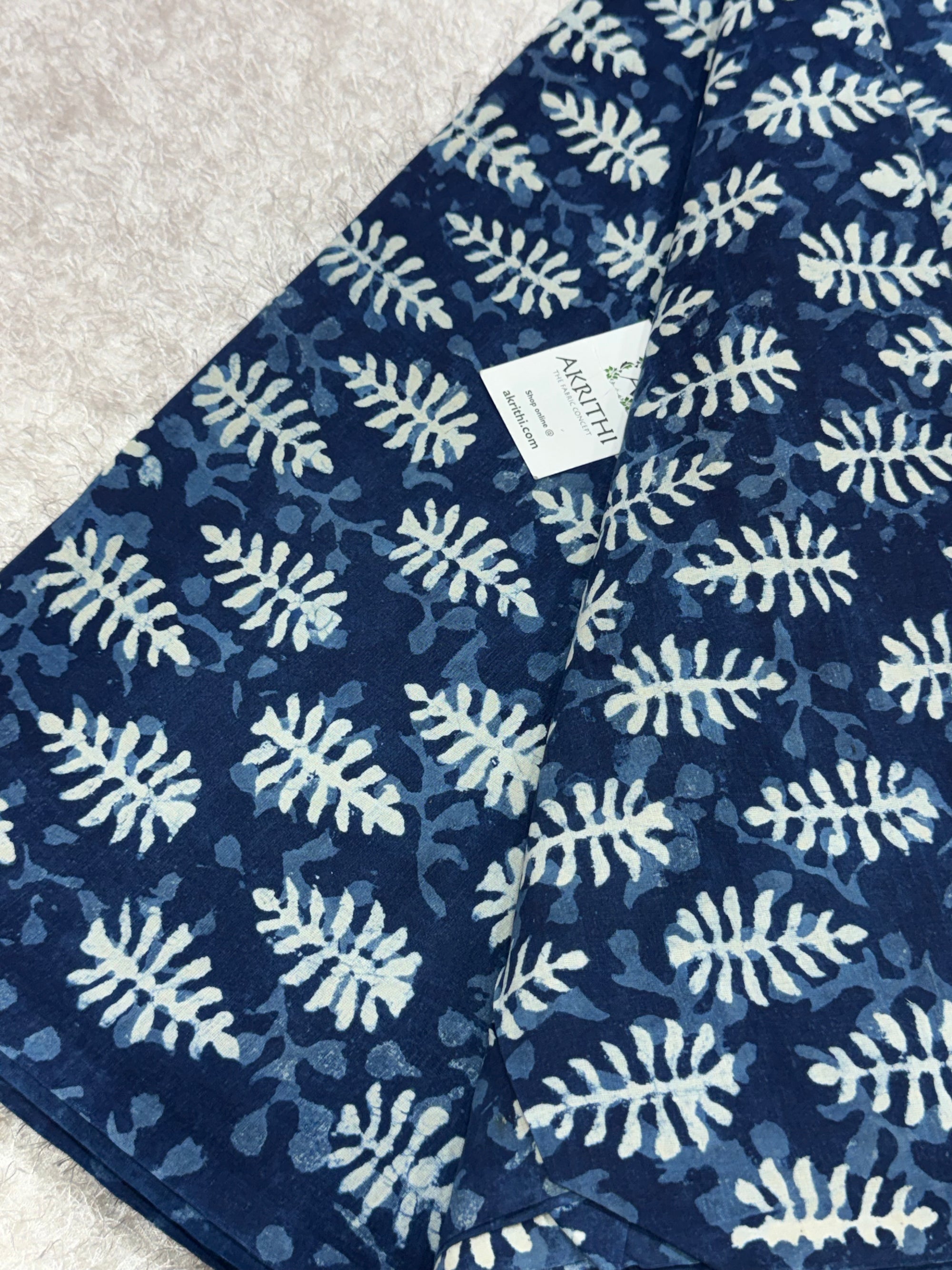Indigo hand block printed pure cotton fabric