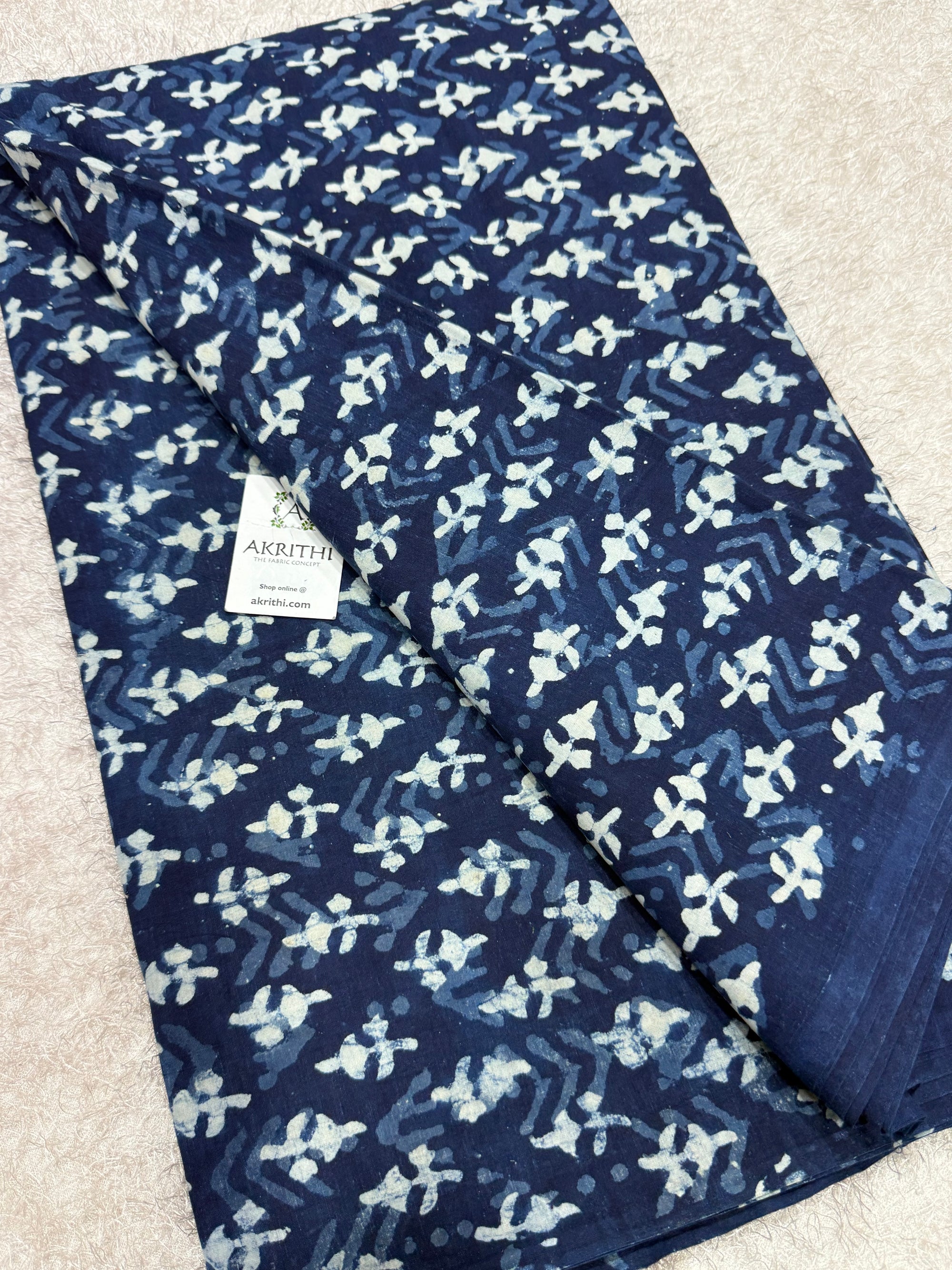Indigo hand block printed pure cotton fabric