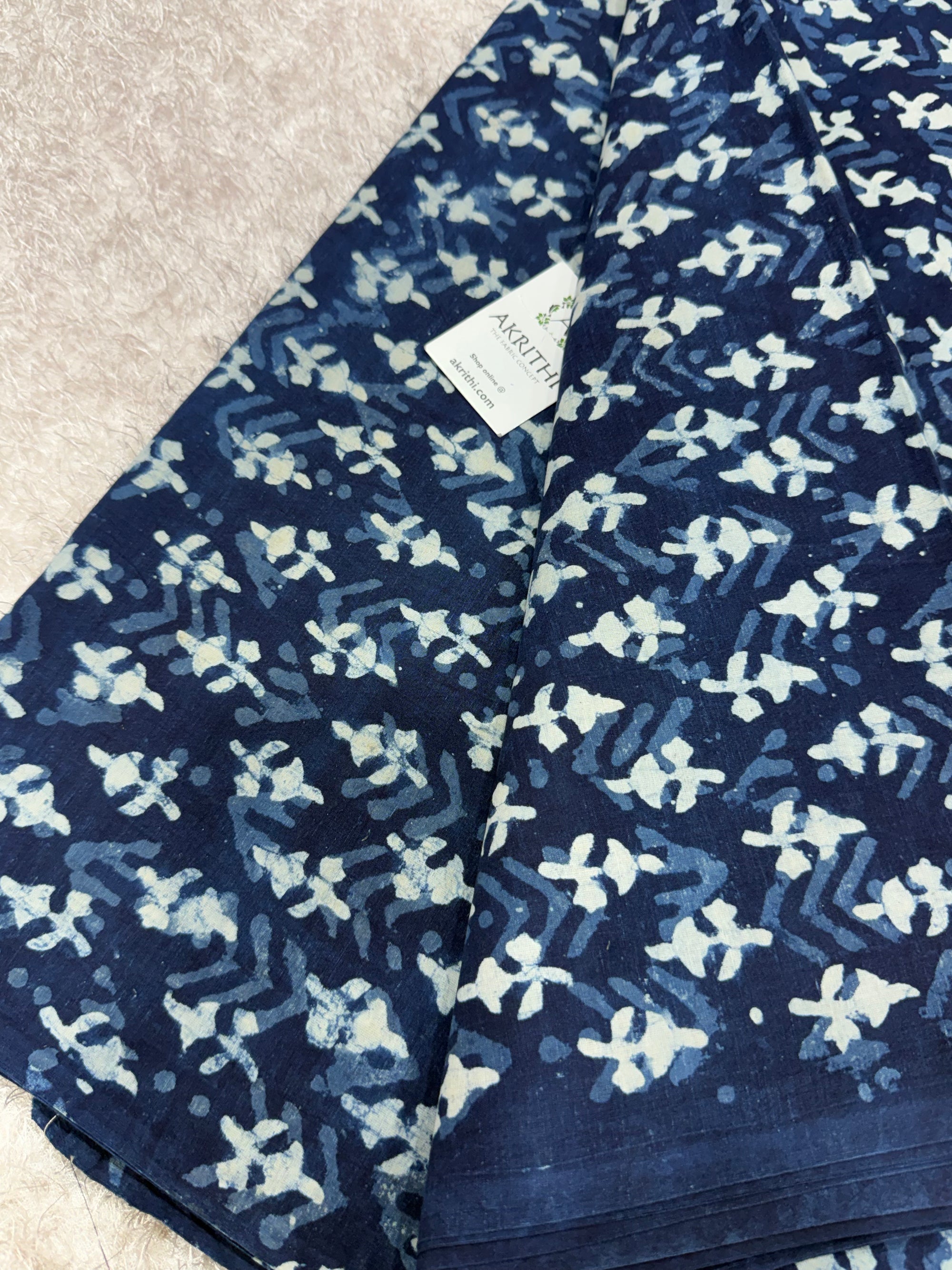 Indigo hand block printed pure cotton fabric