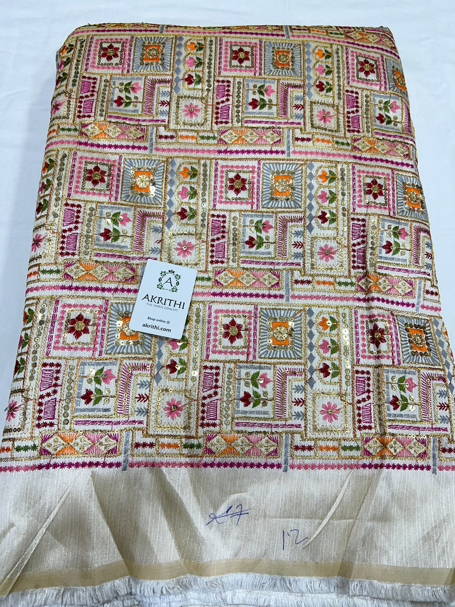 Embroidered raw silk fabric