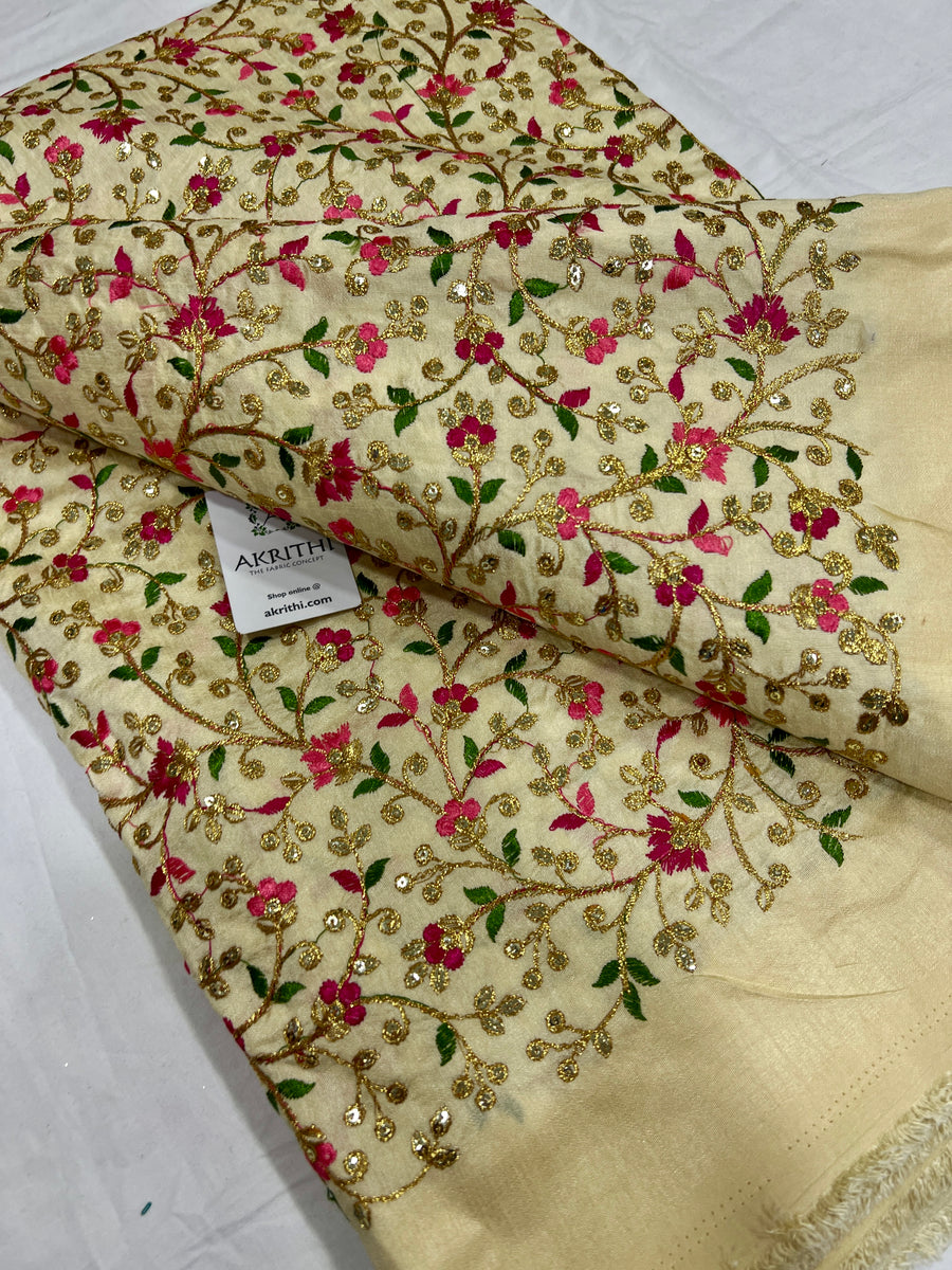 Embroidered raw silk fabric