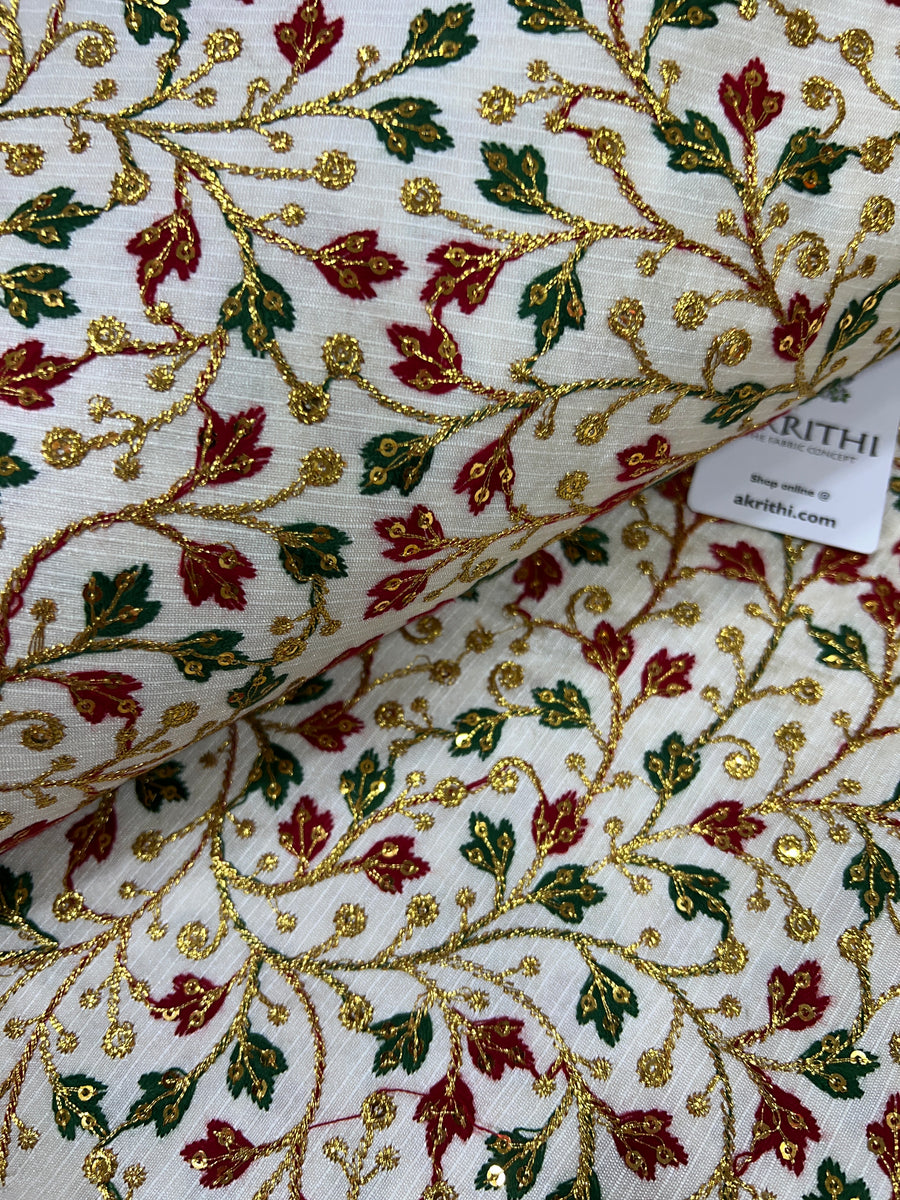 Embroidered raw silk fabric