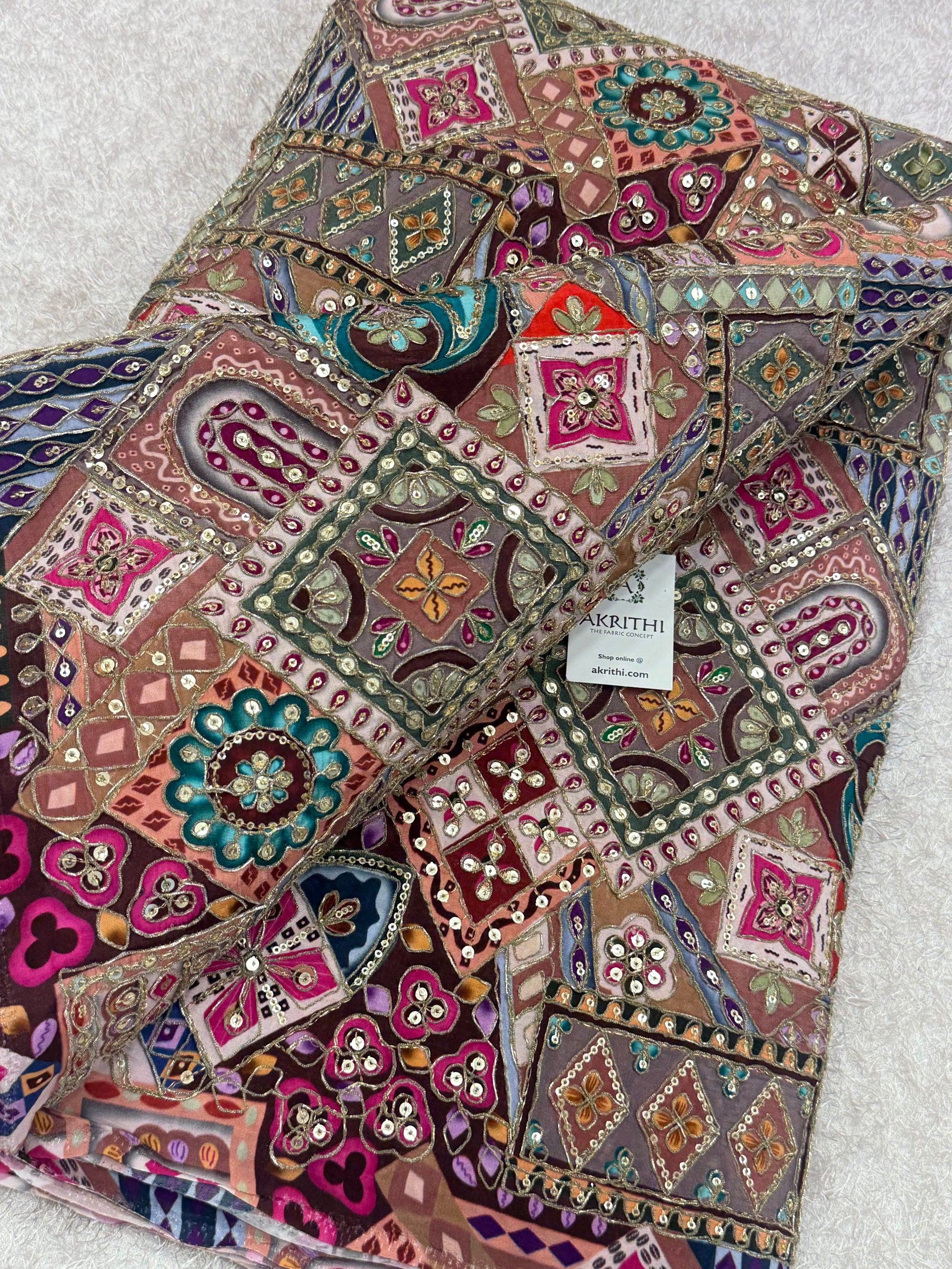 Embroidered pure crepe fabric With position print