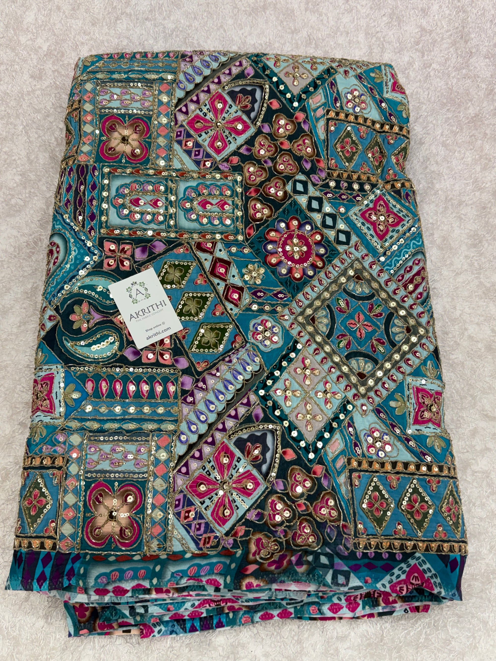 Embroidered pure crepe fabric With position print