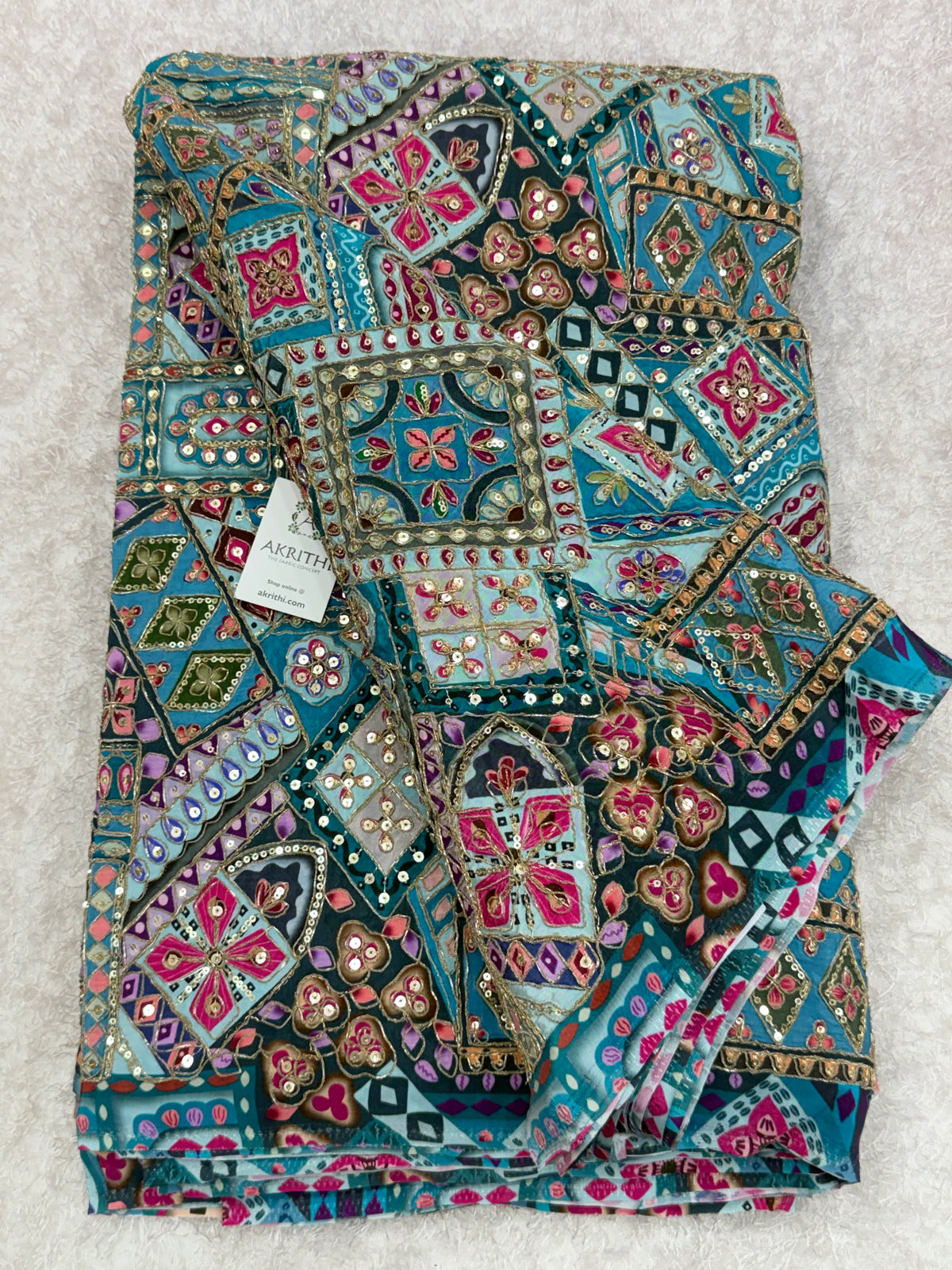 Embroidered pure crepe fabric With position print