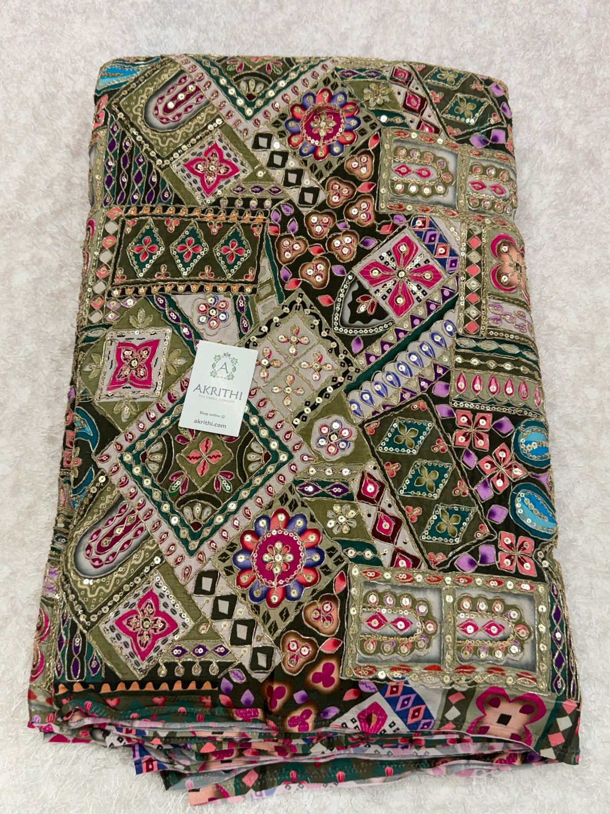 Embroidered pure crepe fabric With position print