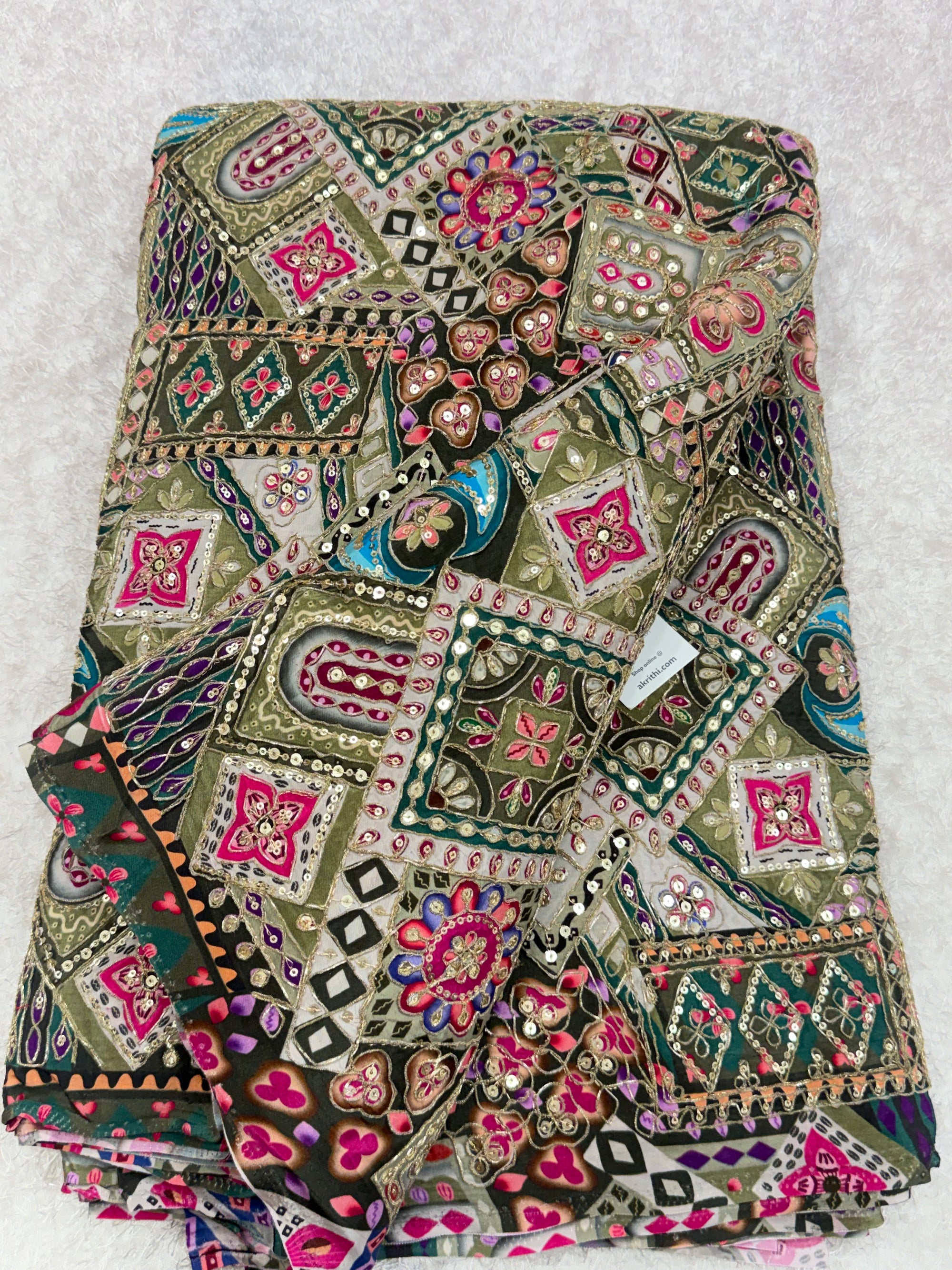 Embroidered pure crepe fabric With position print