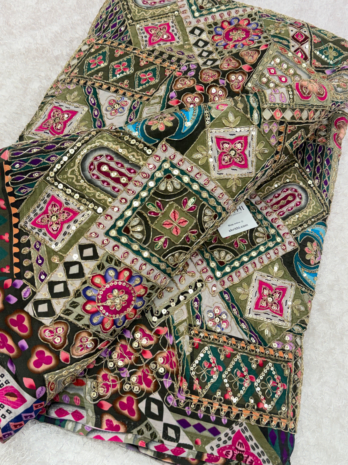 Embroidered pure crepe fabric With position print