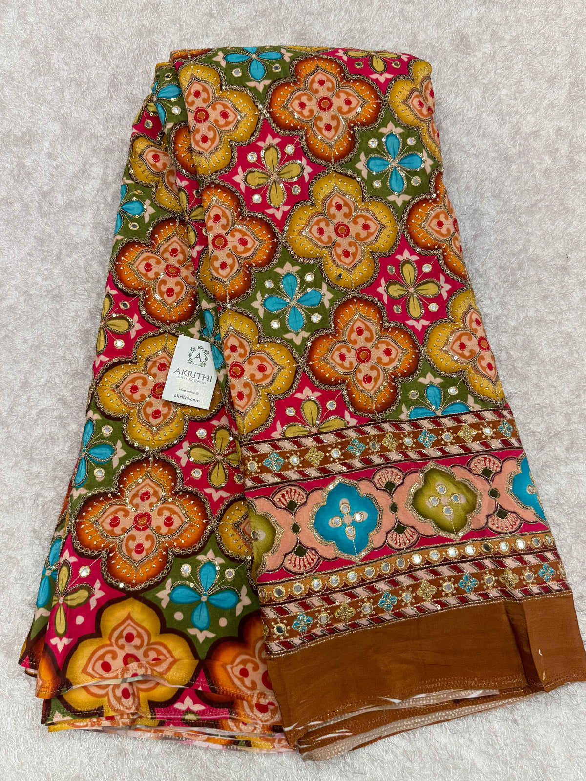 Embroidered pure crepe fabric With position print