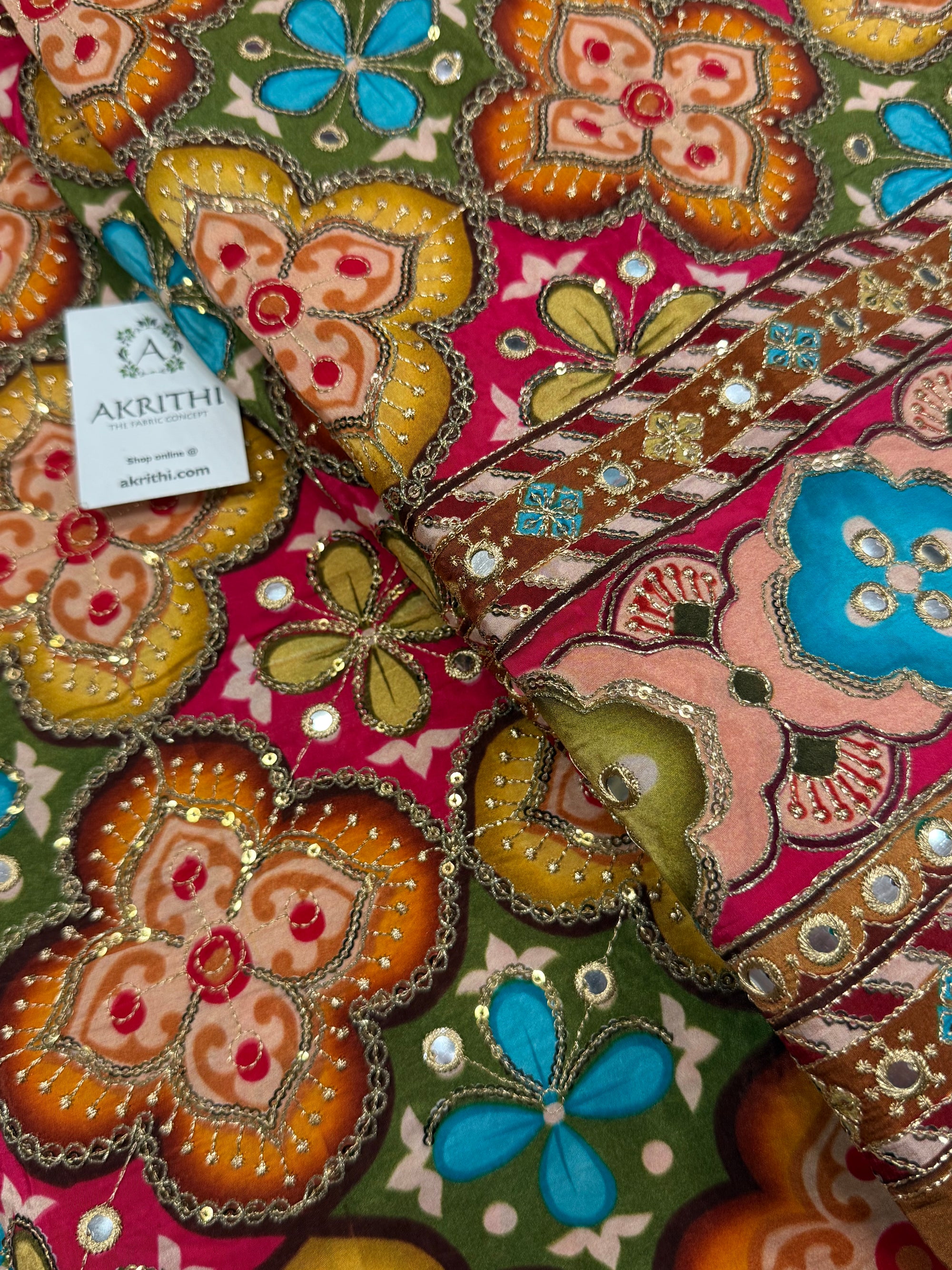 Embroidered pure crepe fabric With position print