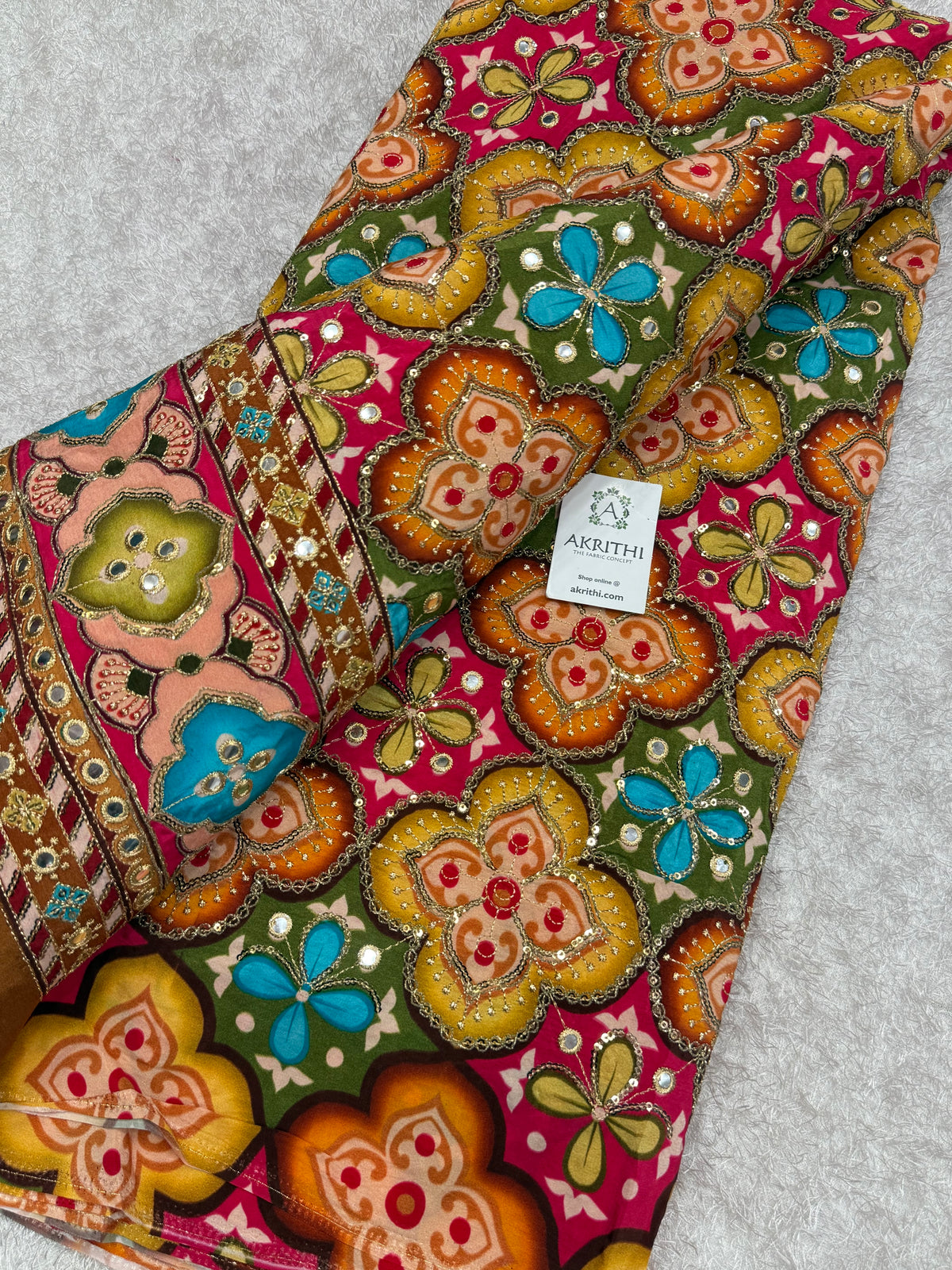 Embroidered pure crepe fabric With position print