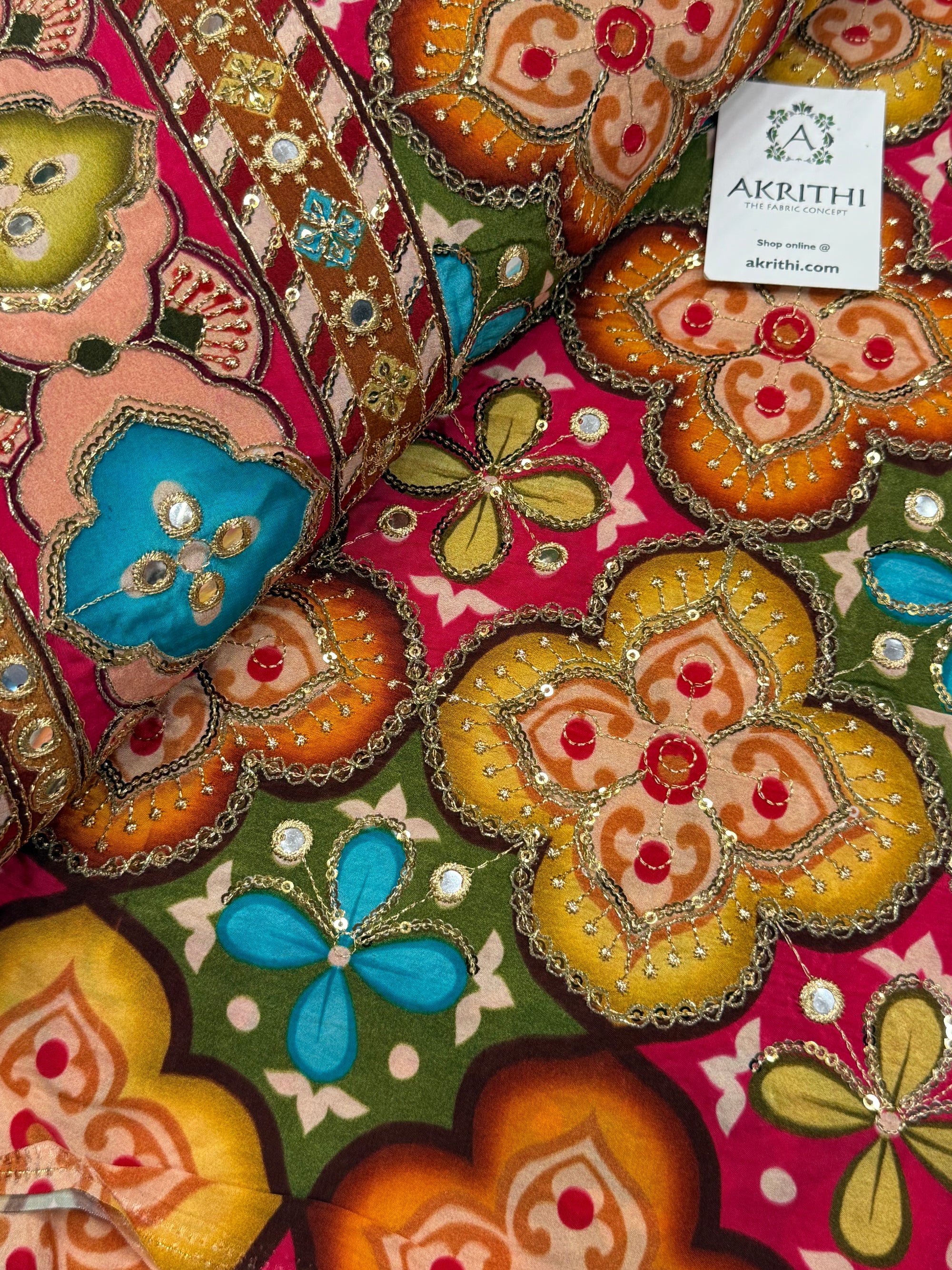 Embroidered pure crepe fabric With position print