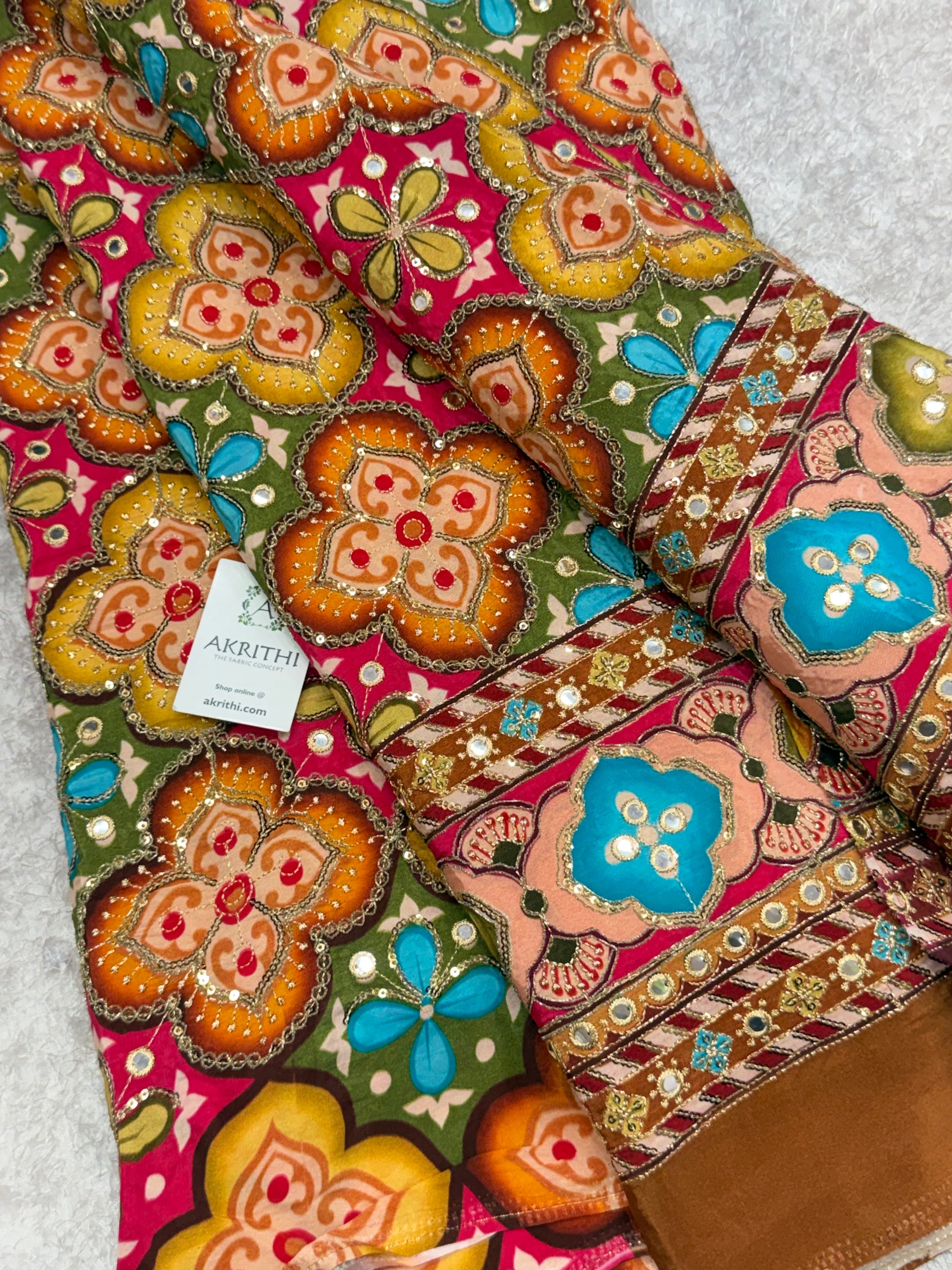Embroidered pure crepe fabric With position print
