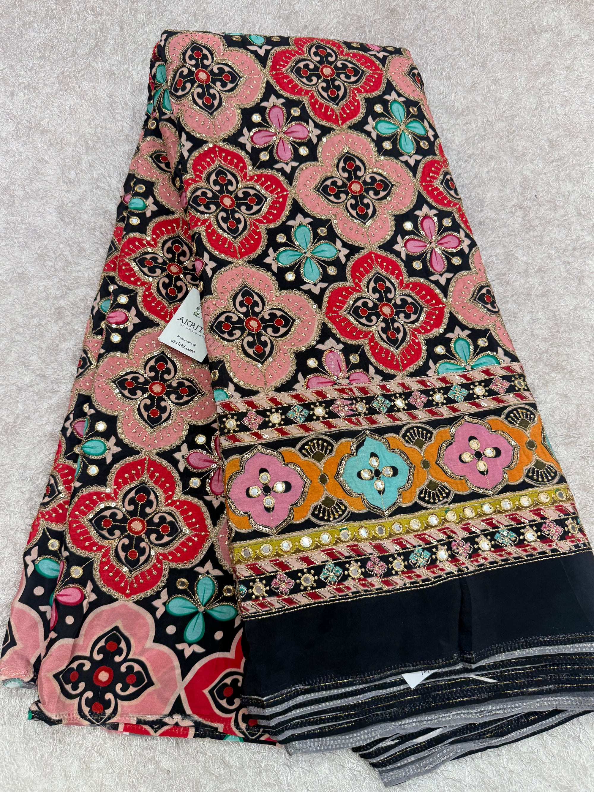 Embroidered pure crepe fabric With position print