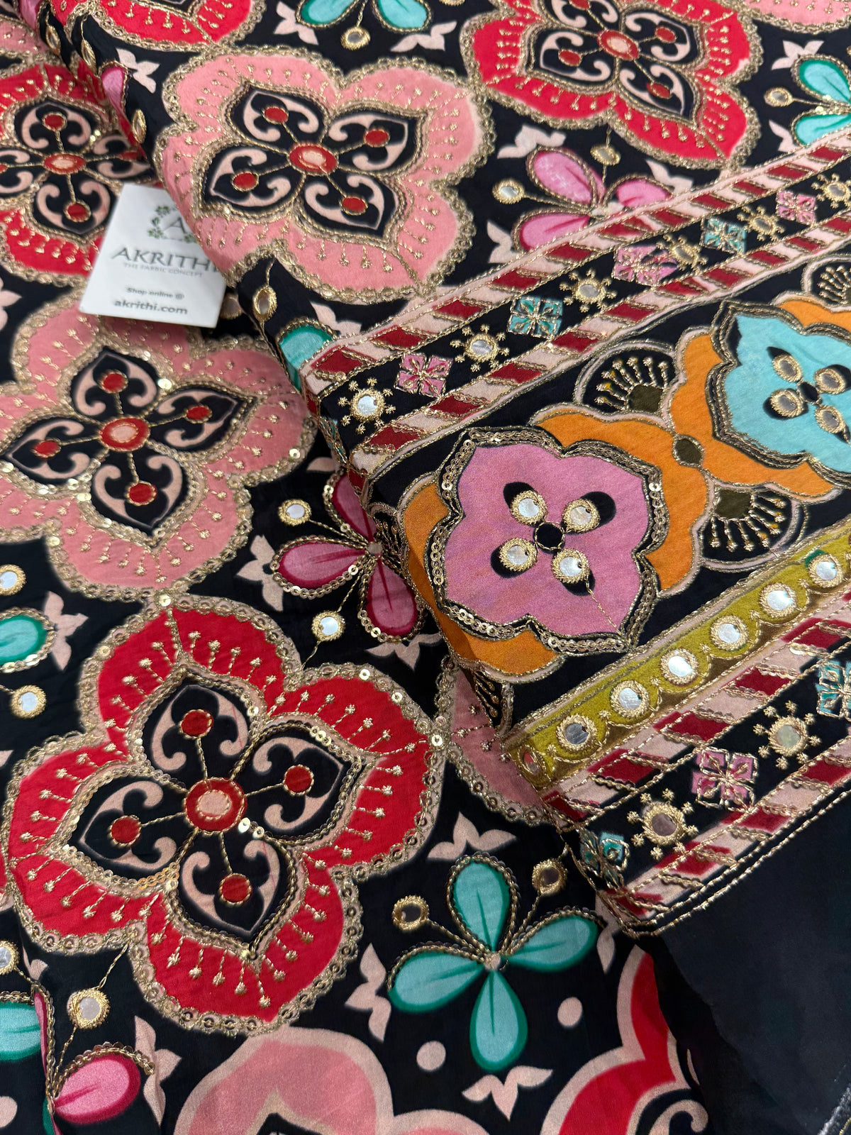 Embroidered pure crepe fabric With position print