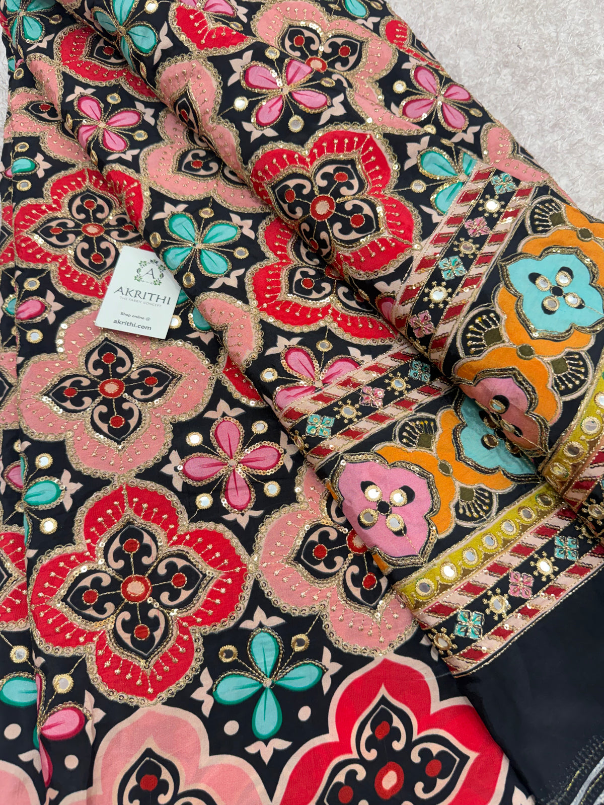 Embroidered pure crepe fabric With position print