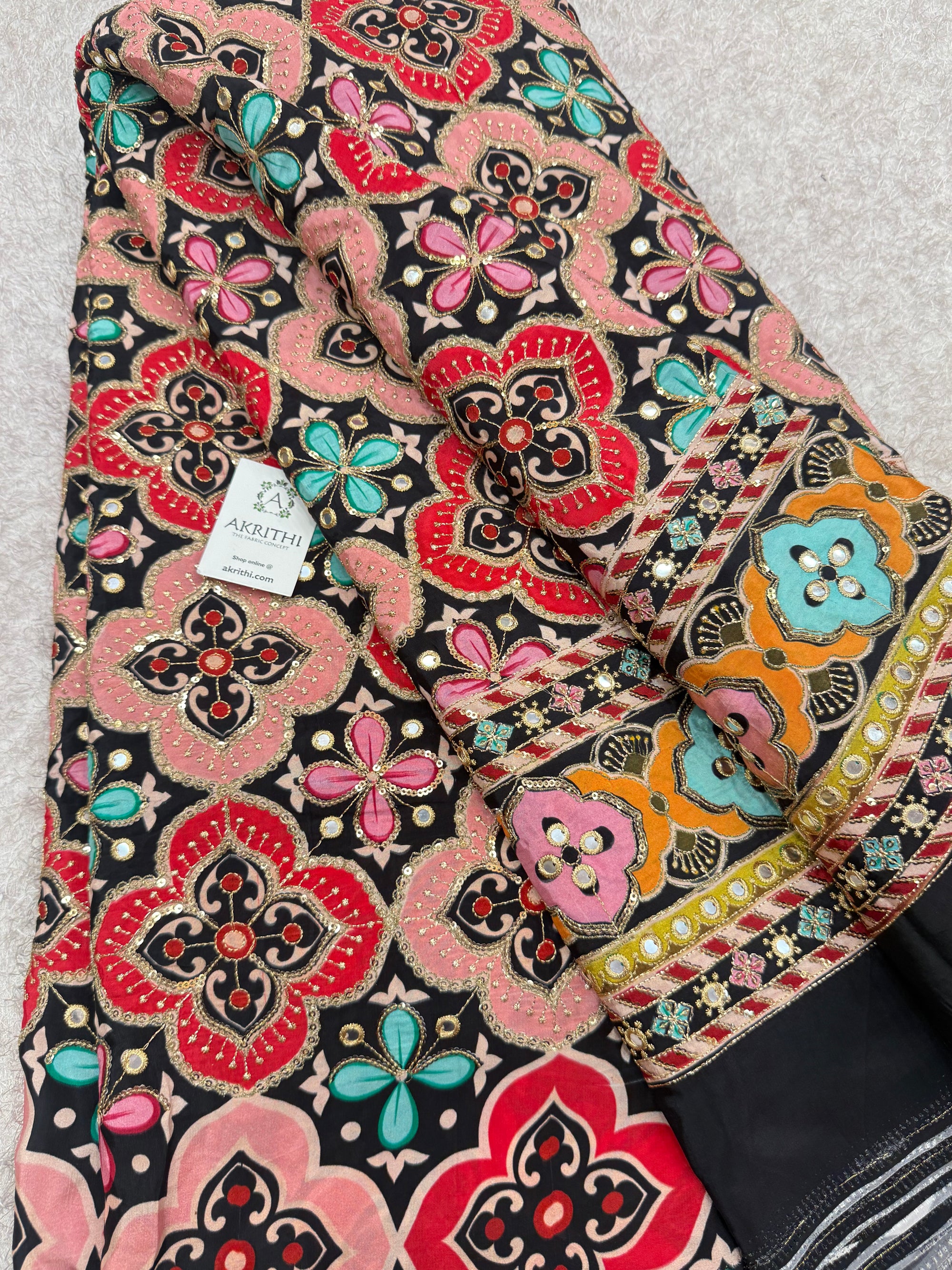 Embroidered pure crepe fabric With position print