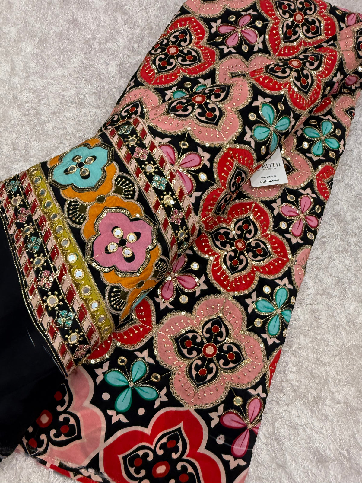 Embroidered pure crepe fabric With position print