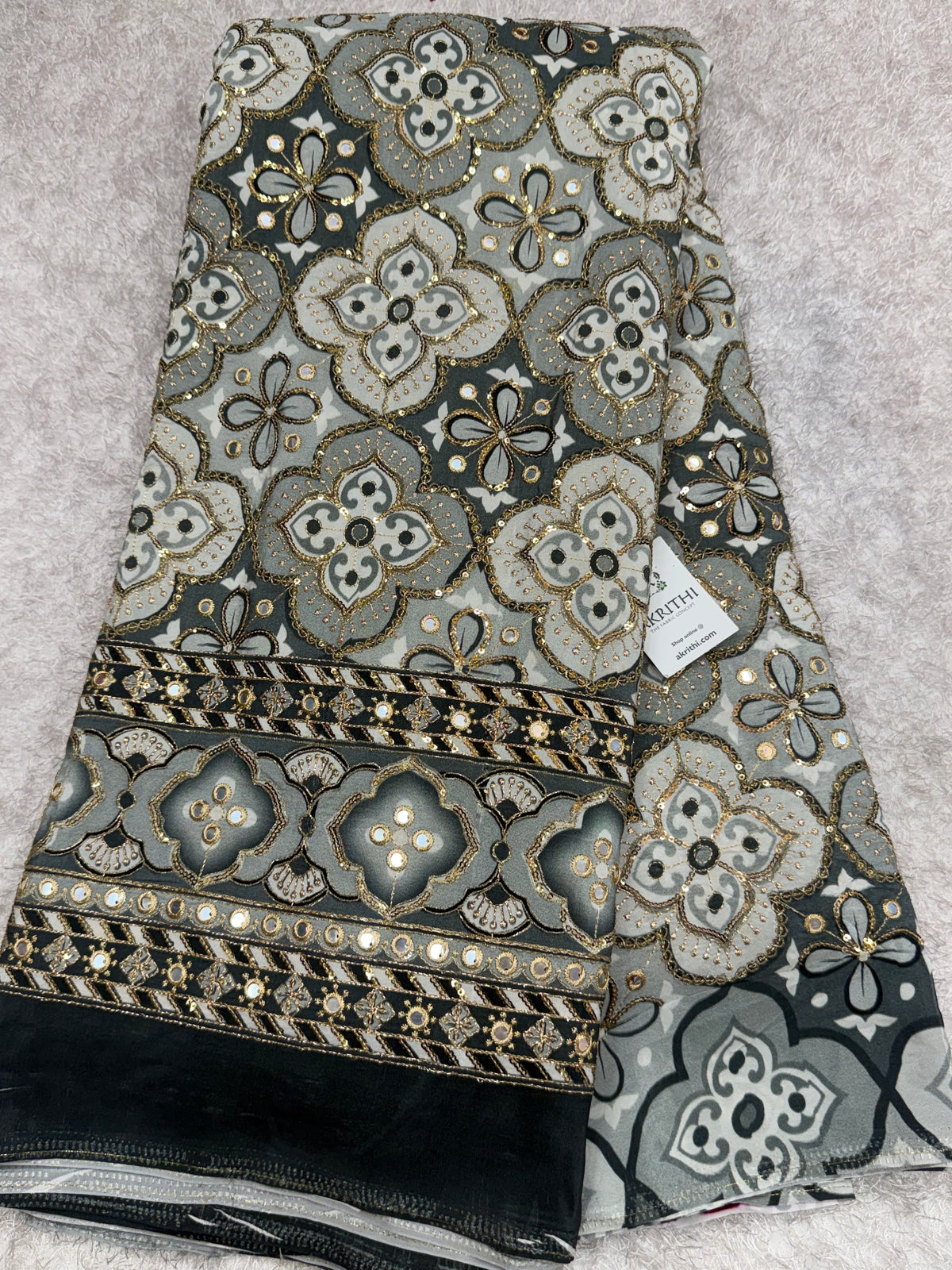 Embroidered pure crepe fabric With position print