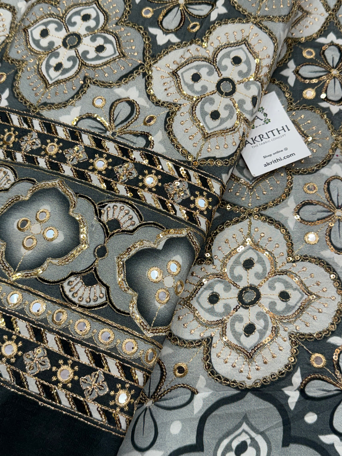 Embroidered pure crepe fabric With position print