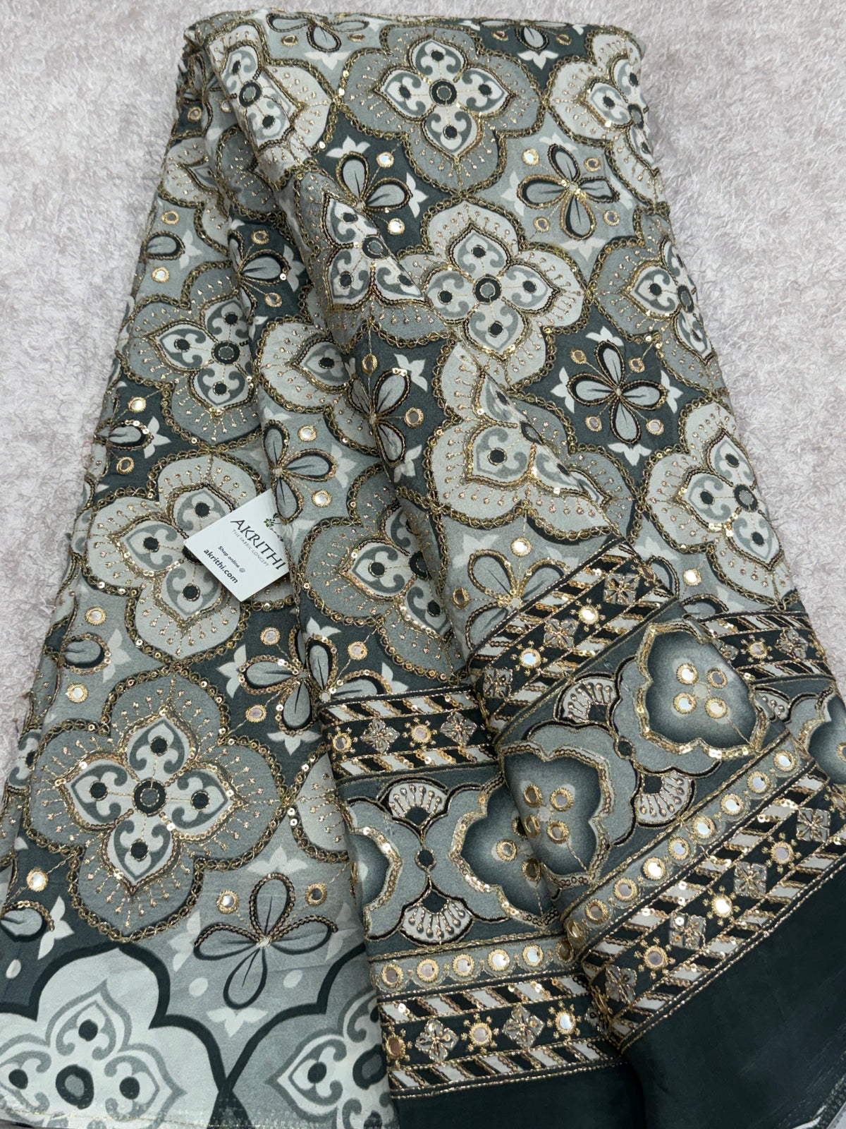 Embroidered pure crepe fabric With position print