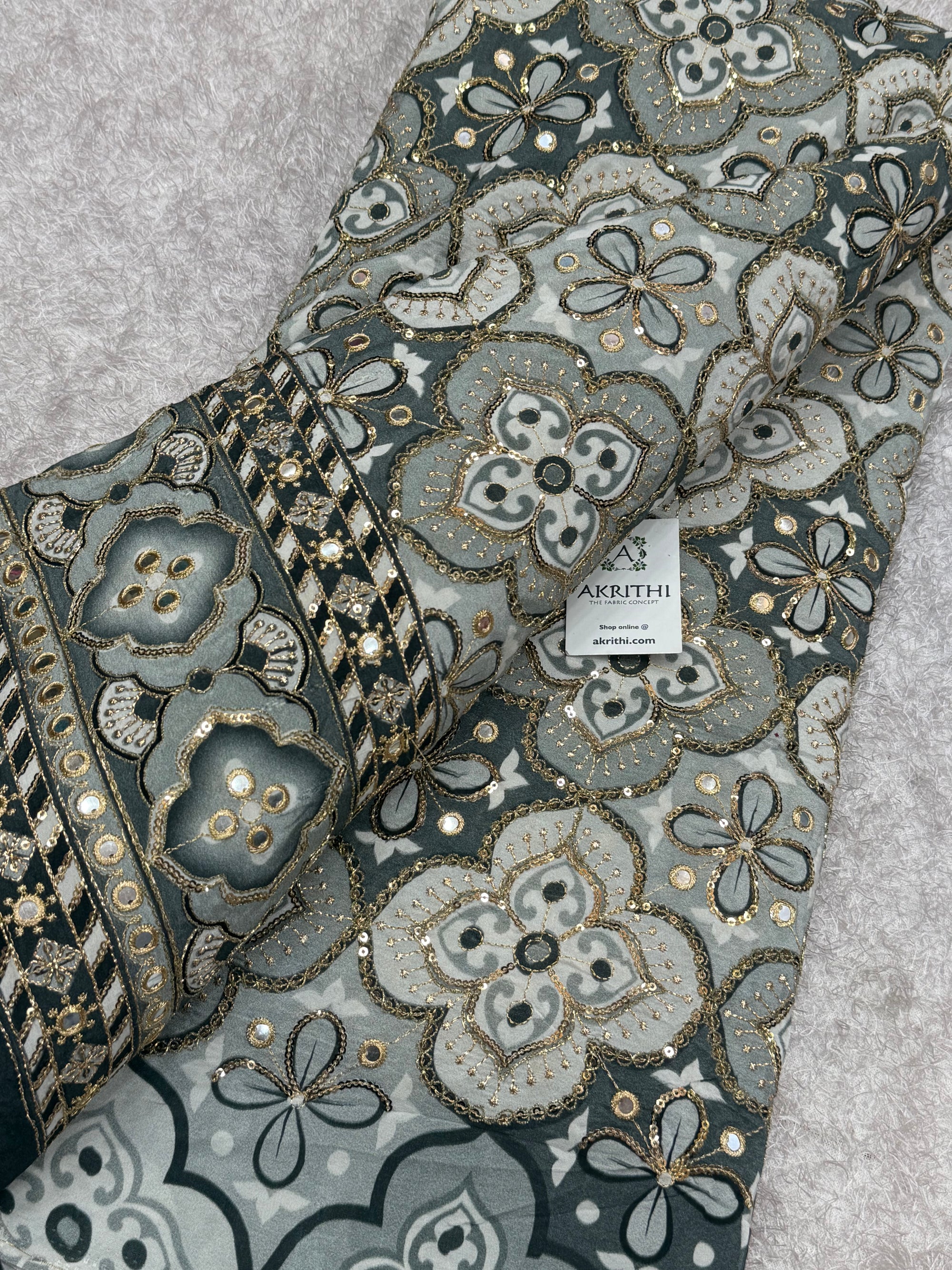 Embroidered pure crepe fabric With position print