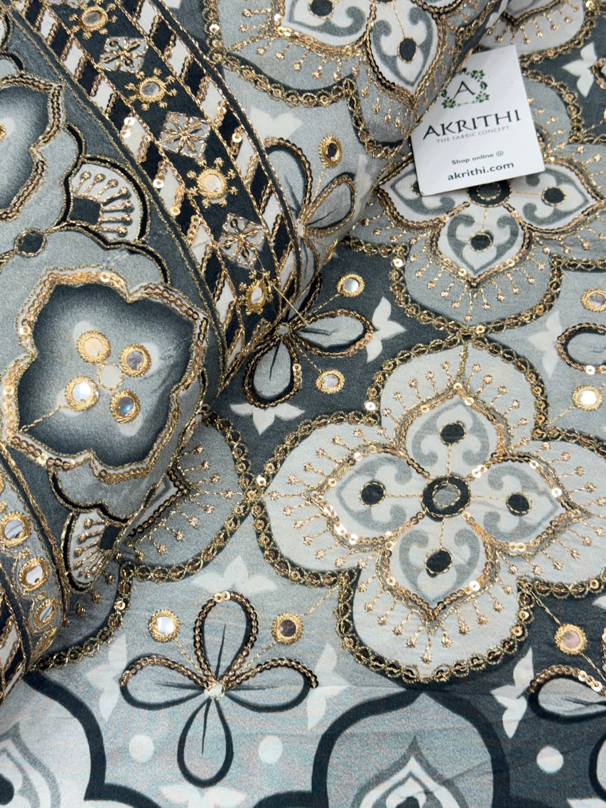 Embroidered pure crepe fabric With position print
