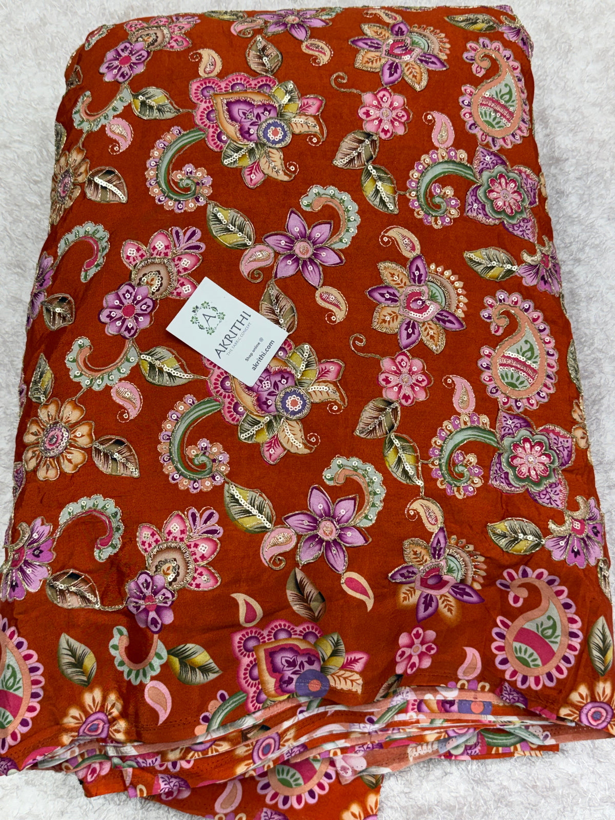 Embroidered pure crepe fabric With position print