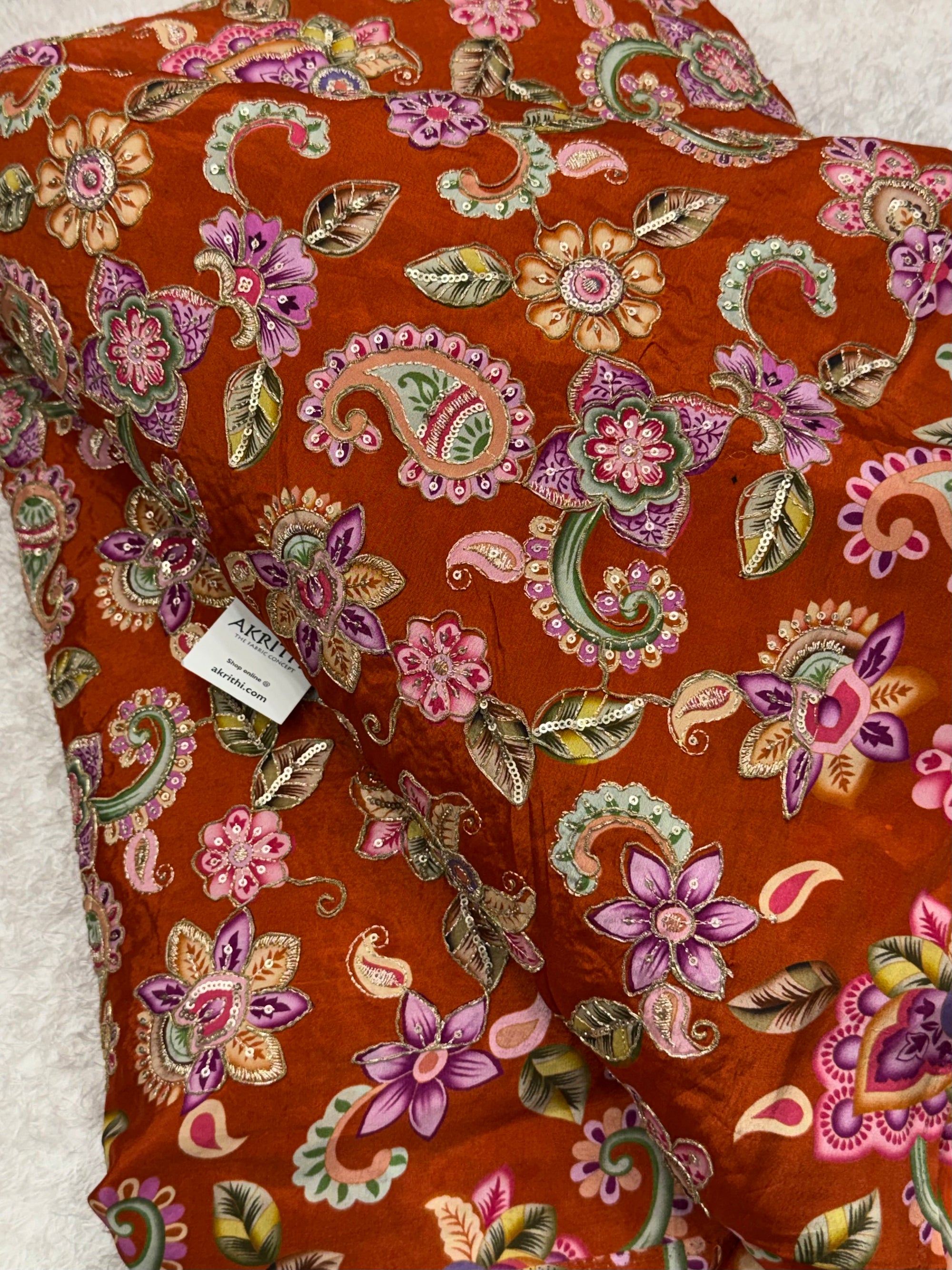 Embroidered pure crepe fabric With position print