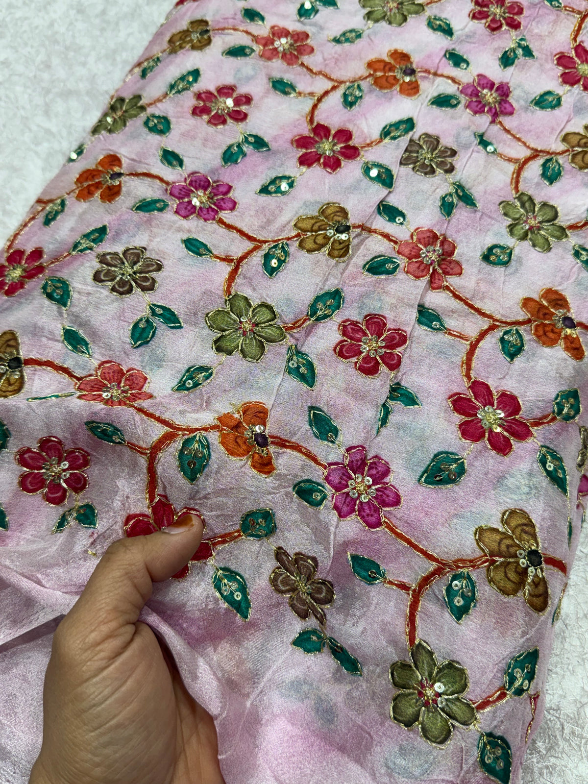 Embroidered soft viscose chinon fabric