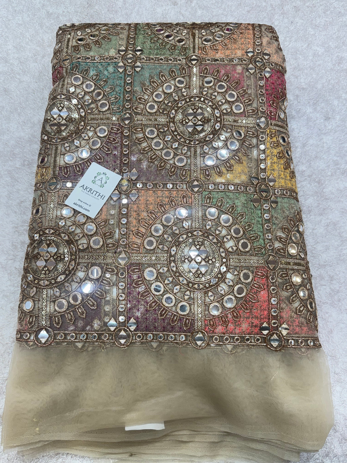 Mirror Embroidered soft net fabric