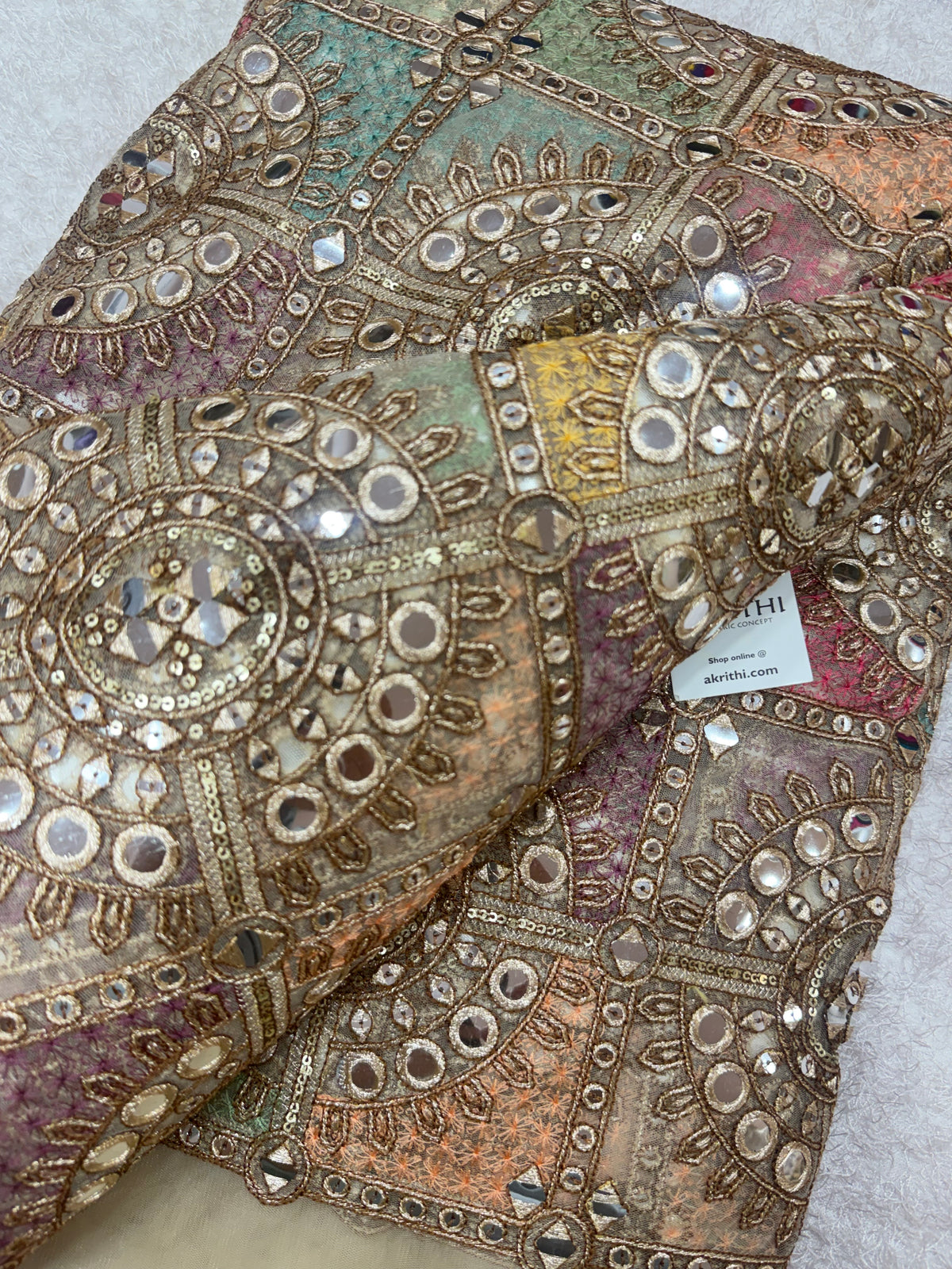 Mirror Embroidered soft net fabric