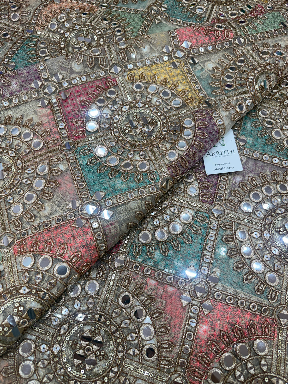 Mirror Embroidered soft net fabric