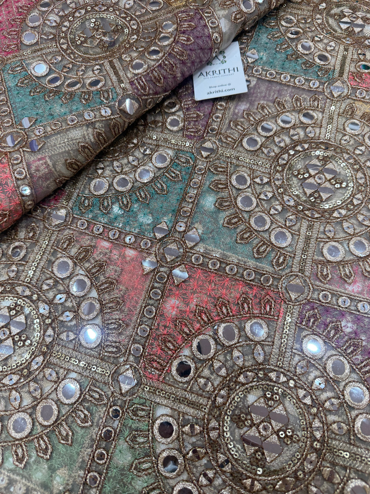 Mirror Embroidered soft net fabric