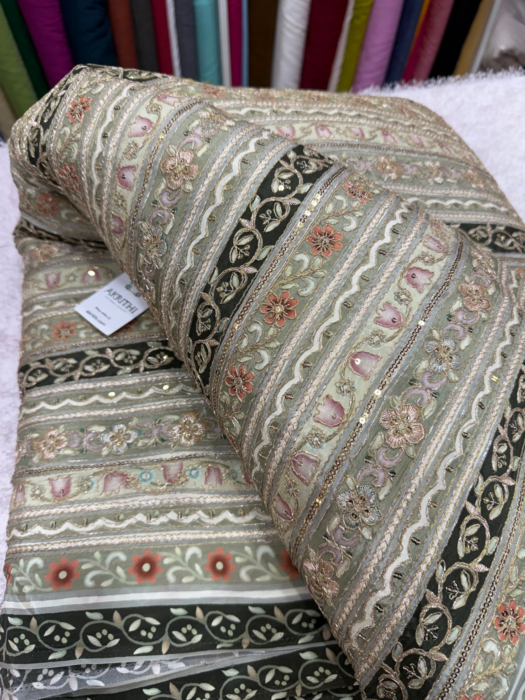 Embroidered crepe fabric With position print
