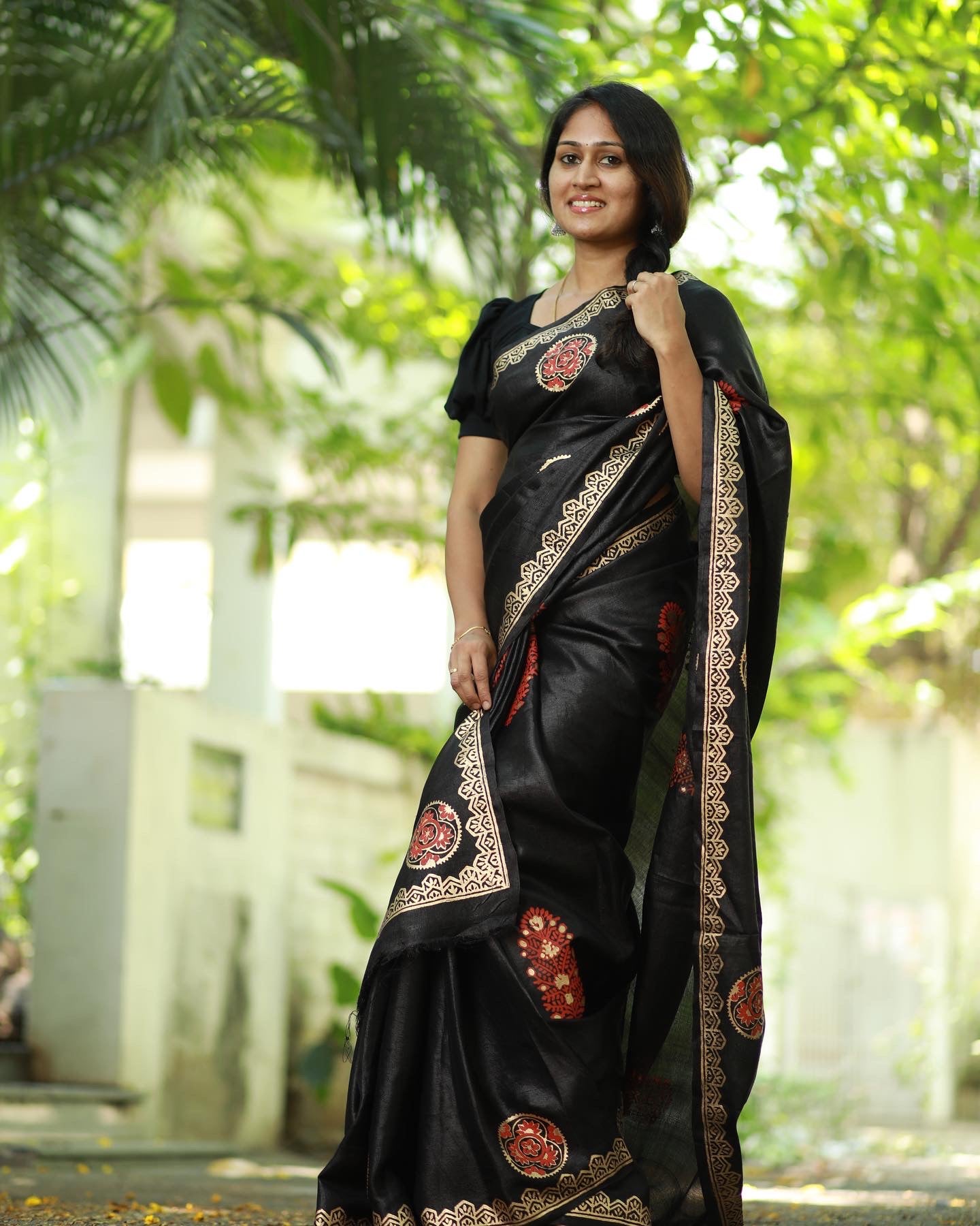 Pure Tussar silk saree with block print