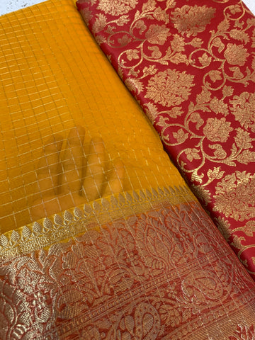 Banarasi fabric with organza checks combo