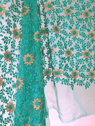 THREAD AND KUNDAN STONE EMBROIDERED NET FABRIC 80 cms cut